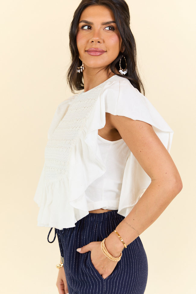 How Far You've Come White Smocked Knit Top - Women's Casual Lace Blouse for Summer, Date Night & Special Occasions