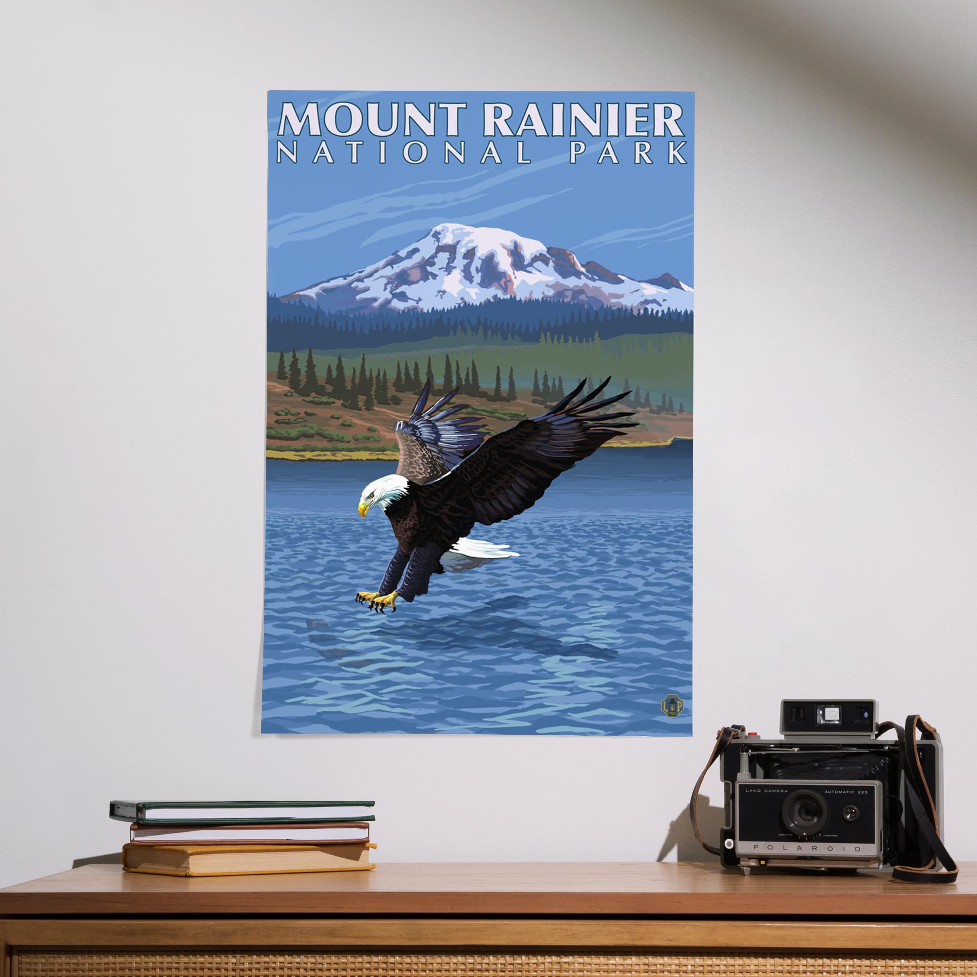 Lantern Press 16x24 Inch Giclee Print - Mount Rainier Washington Landscape Art with Eagle Fishing - Premium Wall Decor for Living Room, Bedroom & Office