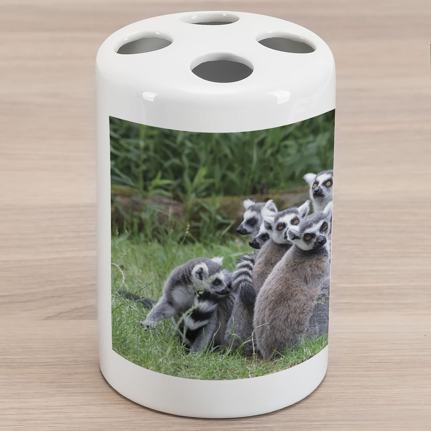 Ambesonne Lemur Ceramic Toothbrush Holder - Exotic Madagascar Ring-Tailed Monkey Design - Bathroom Countertop Decor - 4.5