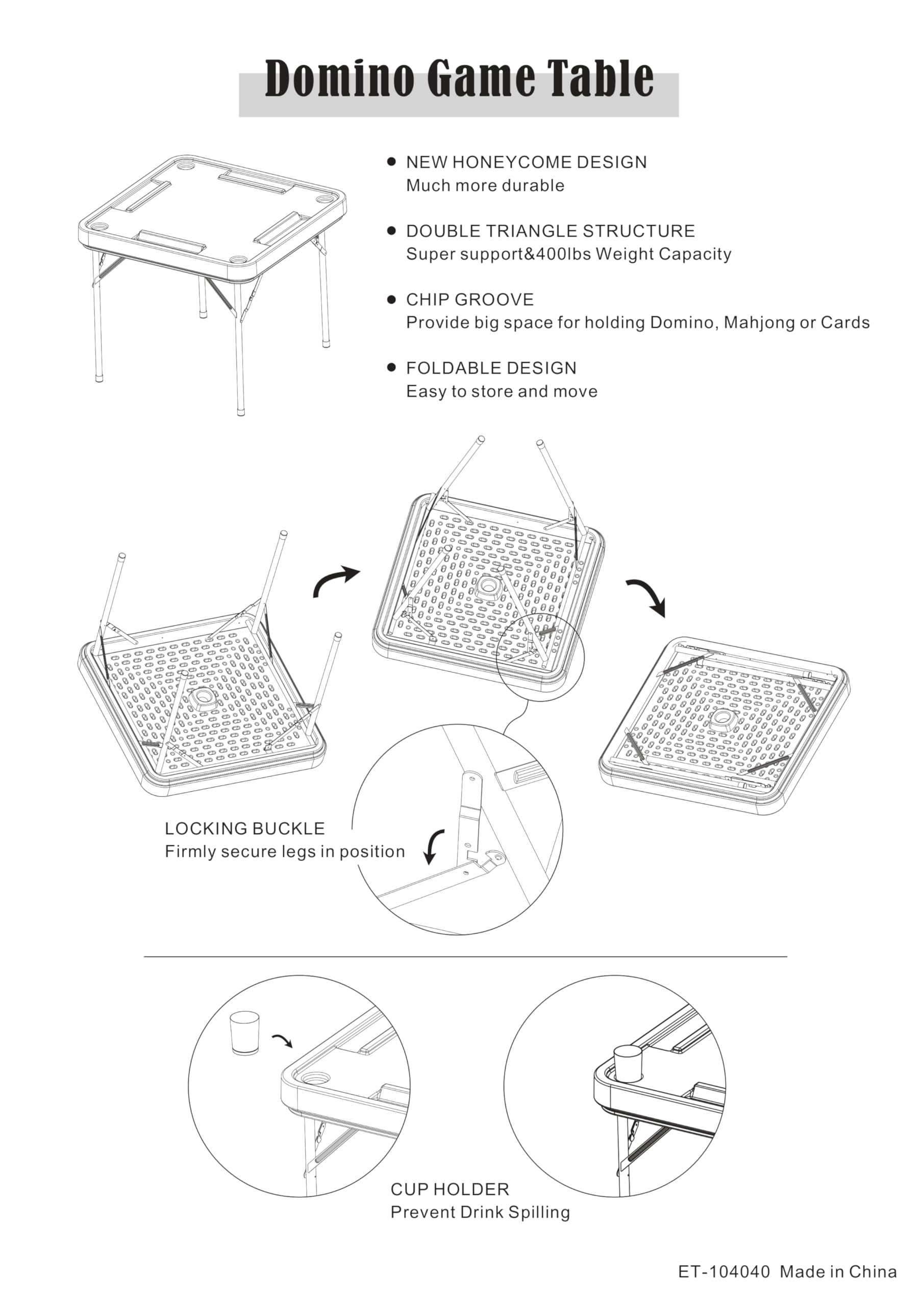 White Folding Domino Table with Built-in Cup Holders & Card Slots - 4 Player Portable Game Table for Mahjong, Poker, Puzzles & Board Games - Perfect for Parties, Game Nights & Outdoor Gatherings - White