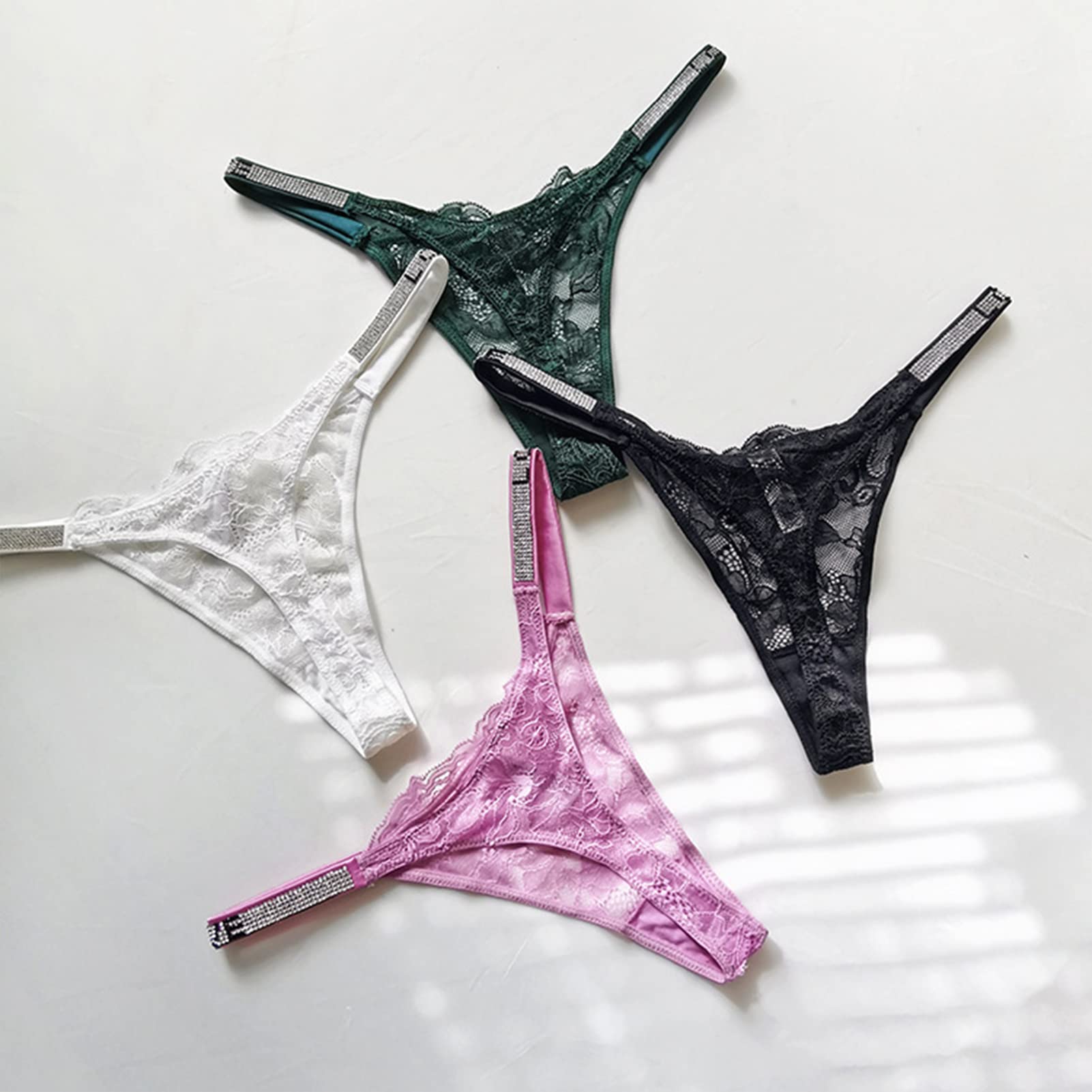 Sexy Rhinestone G-String Thong Panties for Women - Low Rise Floral Lace T-Back Underwear Pack of 3 | Perfect for Date Night, Lingerie Gift & Sensual Wear