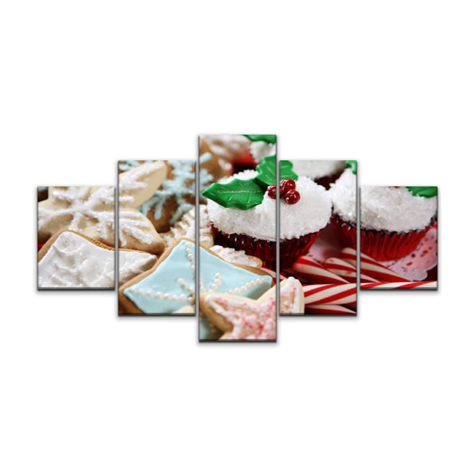 BDMPIZLNSF 5-Panel Canvas Wall Art - Christmas Cookies, Cupcakes & Candy Canes Painting - Framed Ready-to-Hang Home Decor for Living Room, Bedroom - Perfect for Holiday Decorations & Gift Giving