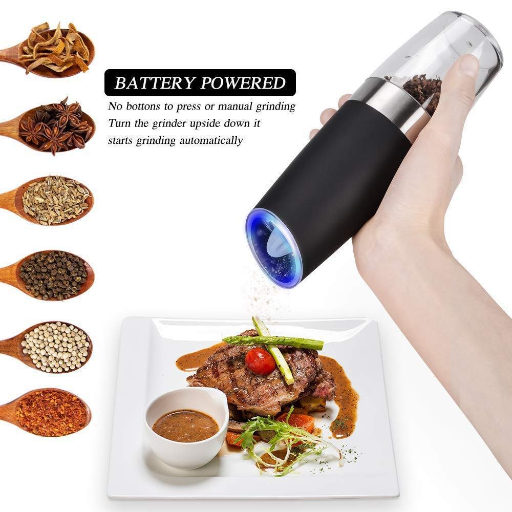 Premium Electric Gravity Pepper & Salt Grinder Set - Adjustable Coarseness, Battery Powered with LED Light - Stainless Steel Mill with Stand (Black/Blue) - Perfect for Kitchen, Dining Table & Gourmet Cooking