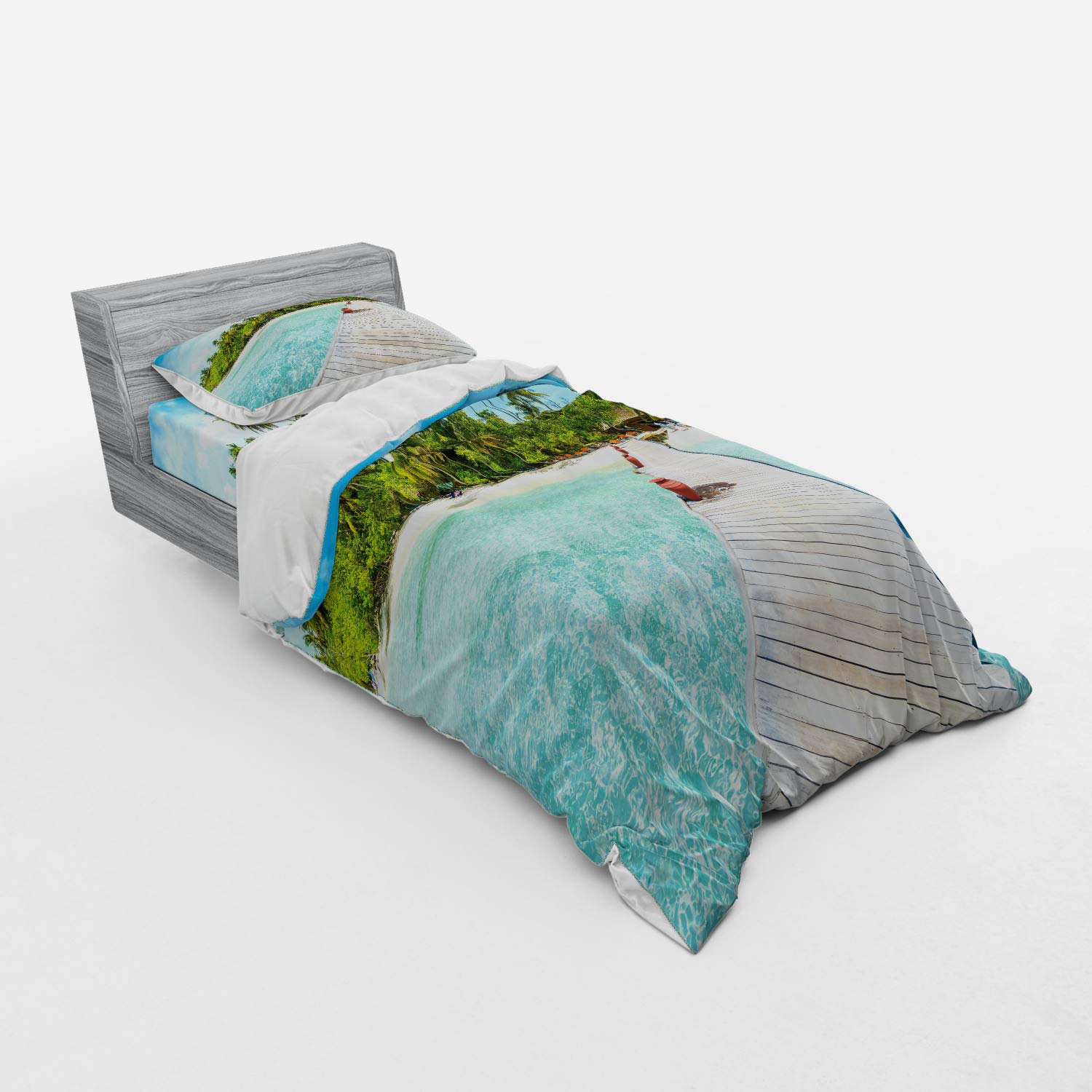 Ambesonne Tropical Bedding Set - Maldives Island Beach Wooden Deck Palms Duvet Cover 3 Piece Set with Sham & Fitted Sheet, Twin XL Size, Aqua Turquoise Fern Green | Exotic Holiday Decor for Beach House, Vacation Rental or Tropical Bedroom Theme