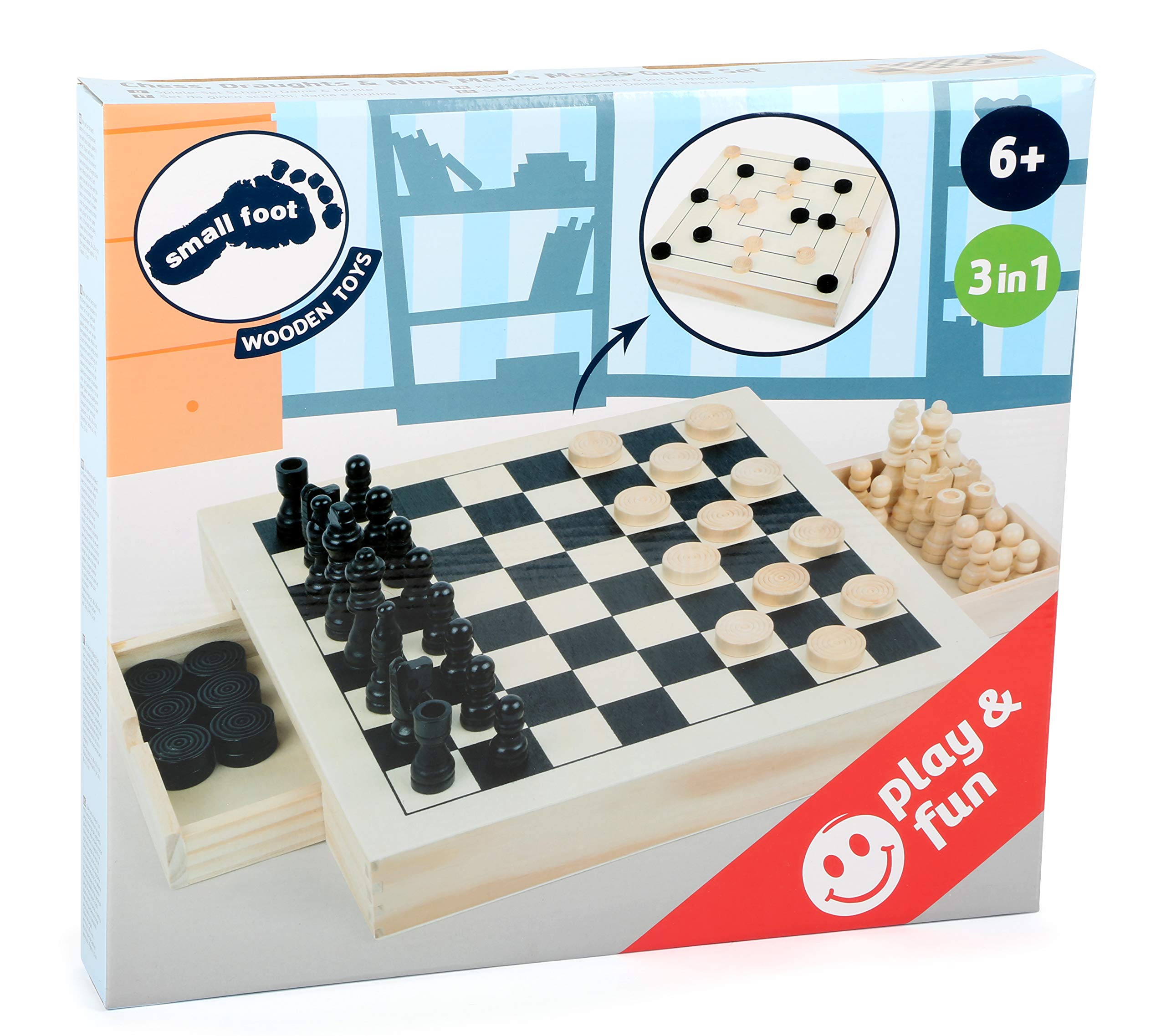 German Chess, Checkers & Mill Game Set - Compact Travel Board Games for Kids & Adults