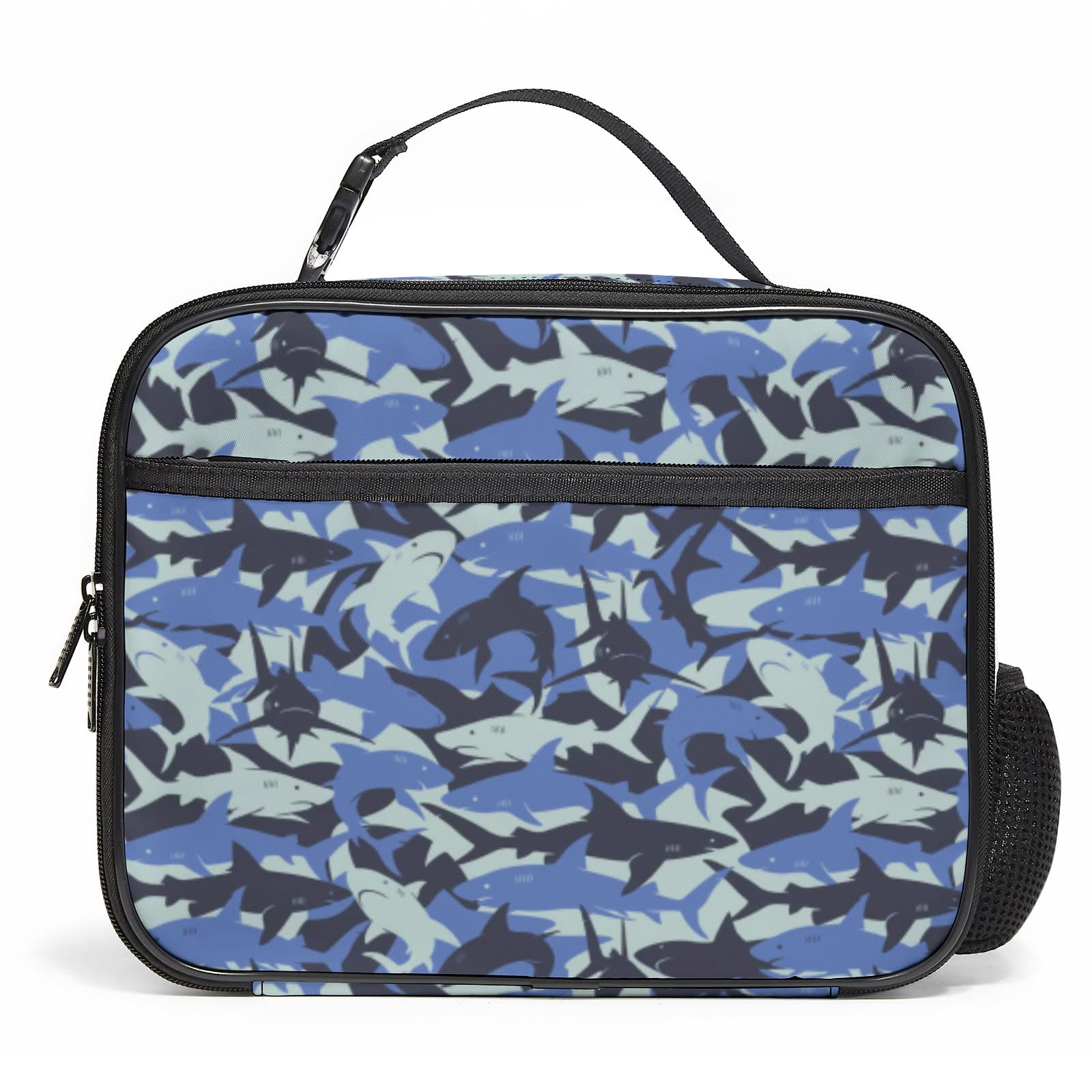 Insulated Camo Shark Lunch Bag for Women & Men - Reusable 300D Polyester Cooler Tote with Detachable Handle & Side Pocket - Perfect for Work, School, Travel, Picnic & Outdoor Activities