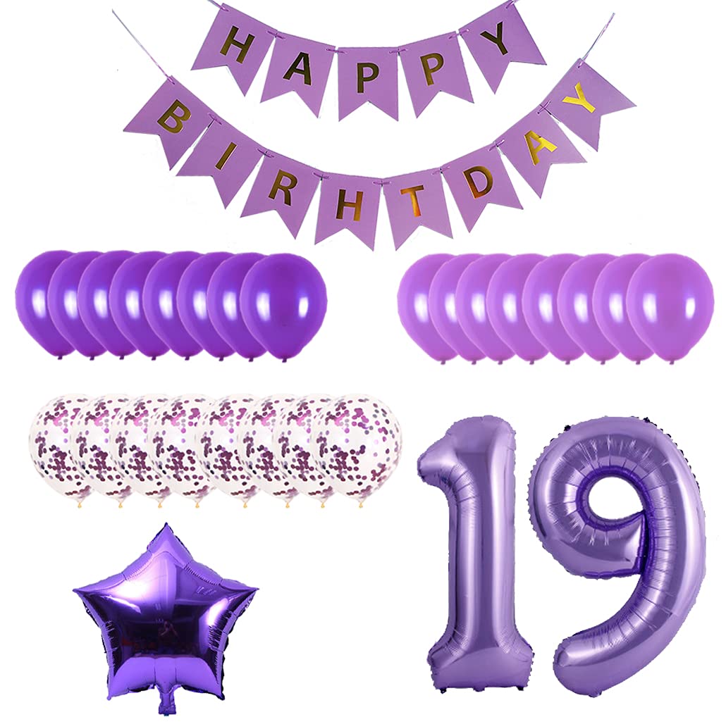 19th Birthday Party Decorations Kit - Happy Birthday Banner, Number 19 Balloons & Purple Party Supplies for Teen Girls & Boys | Perfect for Sweet 16, Graduation, Milestone Celebrations & Birthday Party Decor