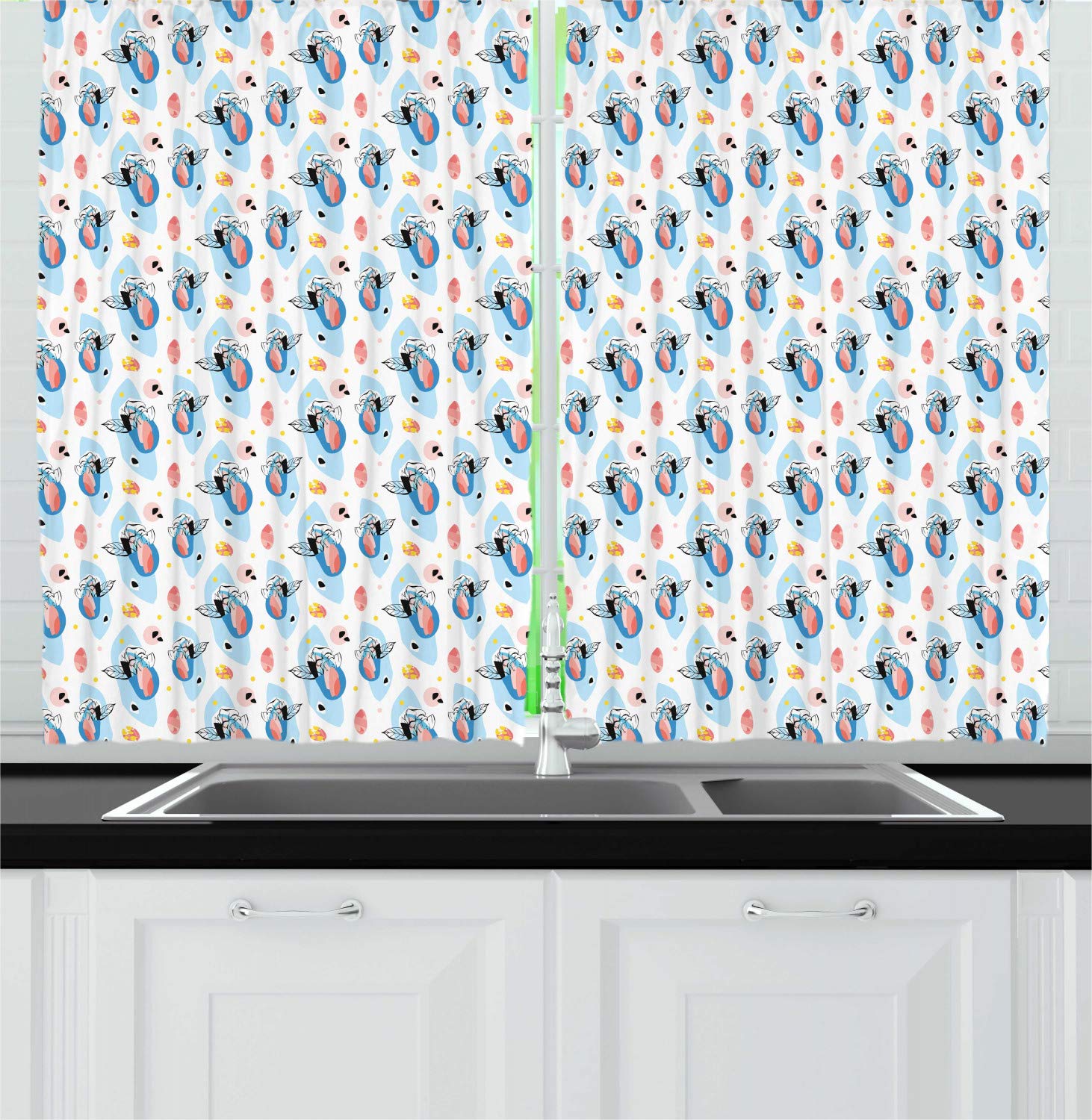 Ambesonne Tropical Kitchen Curtains Set of 2 Panels - Lotus Leaves Oriental Design in Pastel Colors, 55