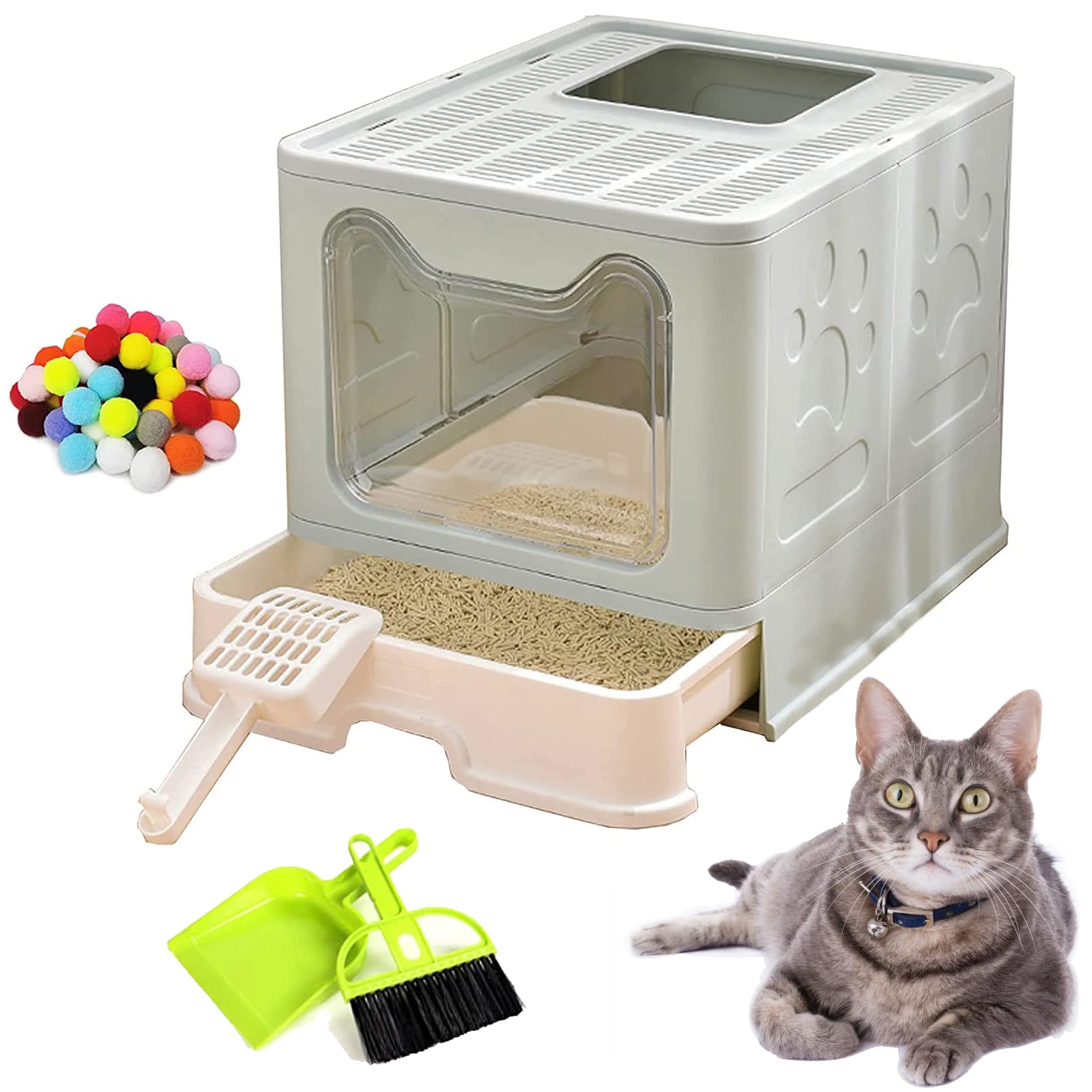 Foldable Large Enclosed Cat Litter Box with Drawer & Scoop - Top Entry Anti-Splash Design, Odor Control for Cats & Kittens (Blue) - Perfect for Small Spaces & Multi-Cat Homes