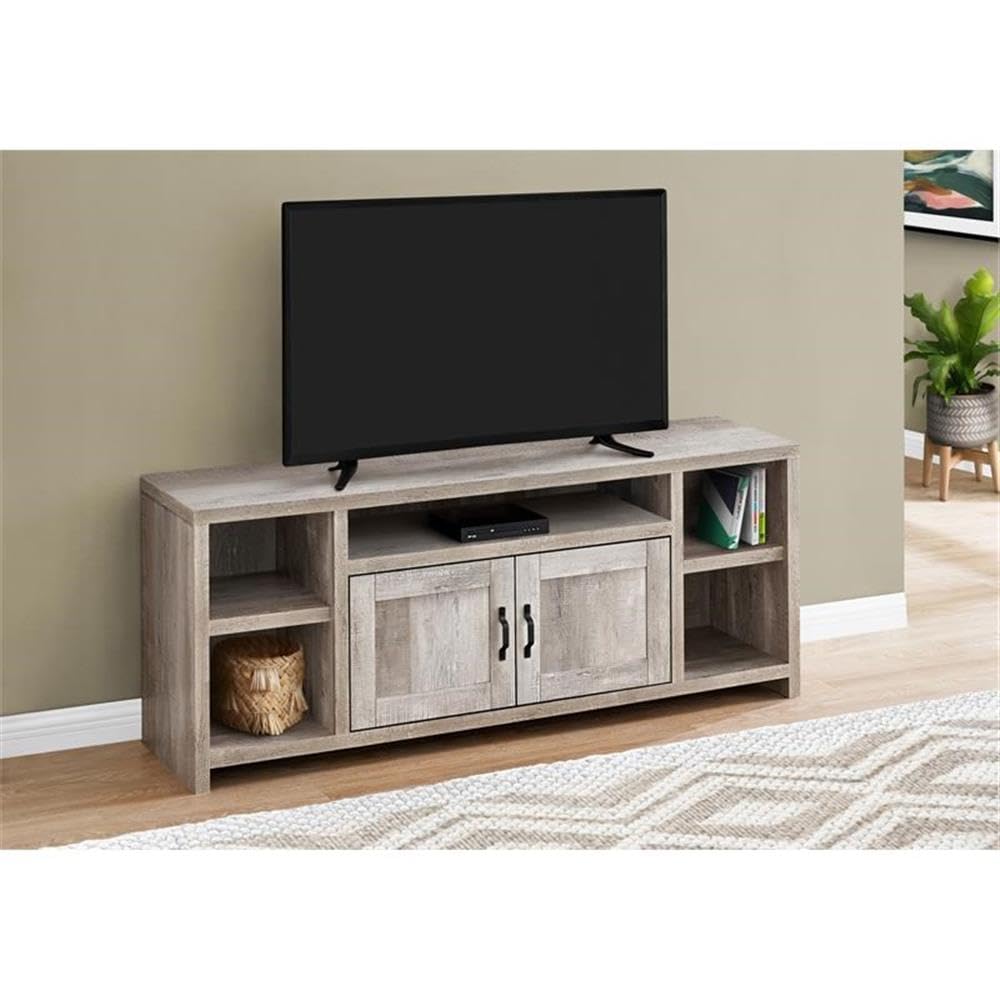 Monarch Specialties 60 Inch TV Stand with Storage - Beige Laminate Media Console for Living Room & Bedroom - Transitional Style Entertainment Center for Flat Screen TVs & Home Theater Systems