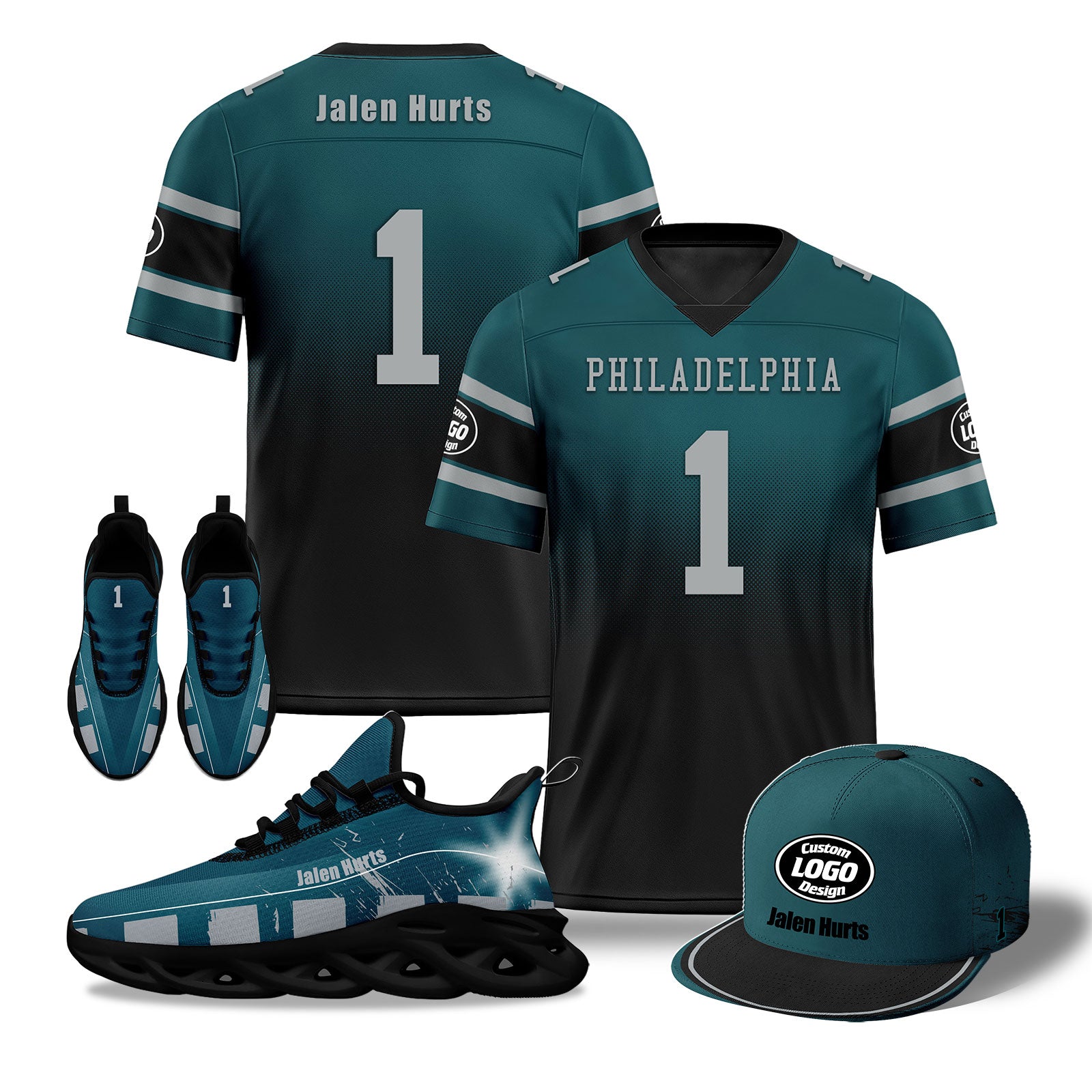 Custom Green & Black Philadelphia Eagles Football Shoes and Hat Combo - Personalized NFL Fan Gear for Men & Women - Perfect for Game Day, Tailgating, and Sports Enthusiasts