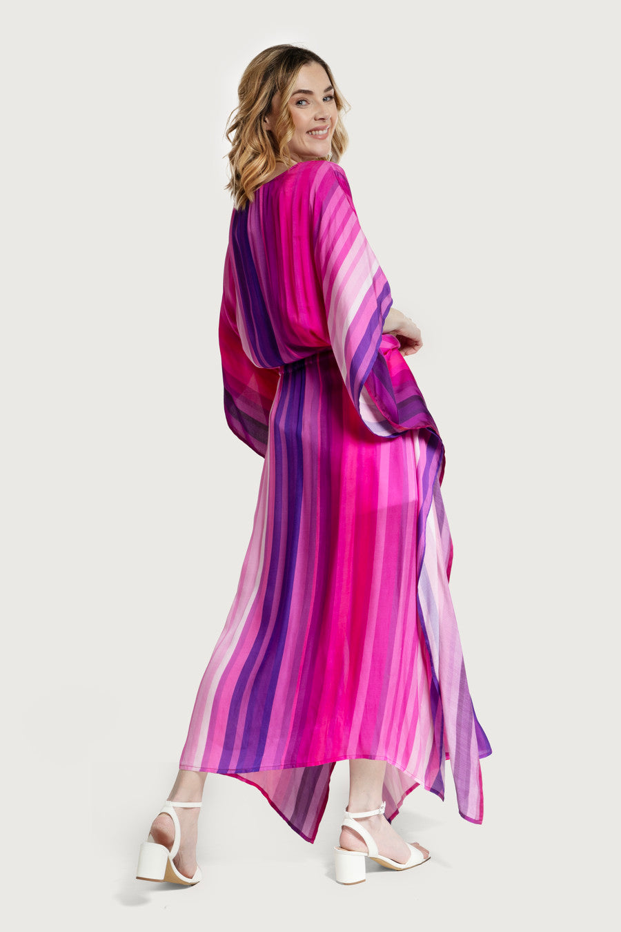 Stylish Multicolor Striped Tie-Waist Keyhole Kaftan Dress - Perfect for Beach Cover-Ups, Summer Vacations & Boho Fashion