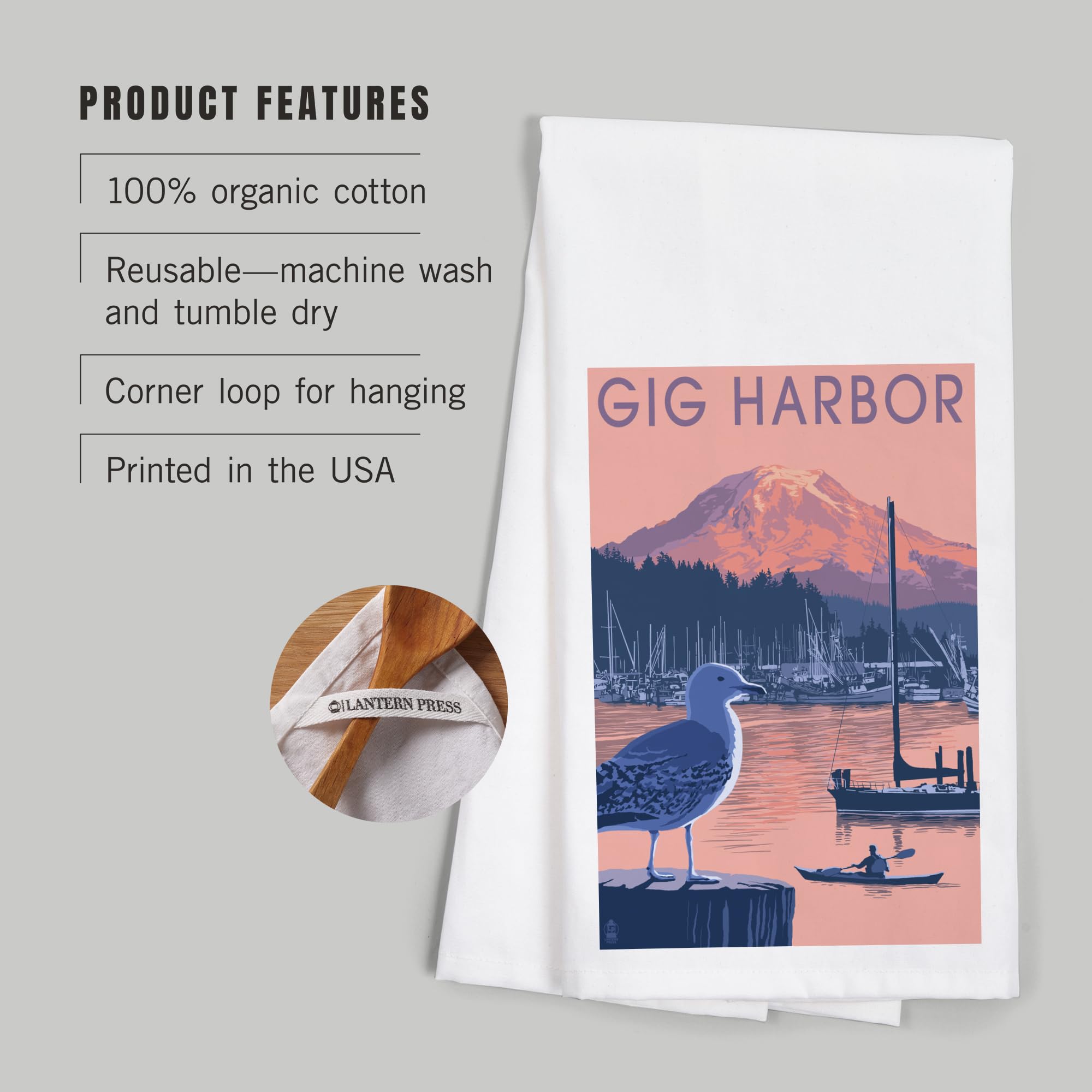 Lantern Press Gig Harbor Washington Sunset 100% Cotton Tea Towel - Decorative Hand Towel for Kitchen, Home Decor & Gift - Perfect for Drying Dishes, Decorating & Housewarming