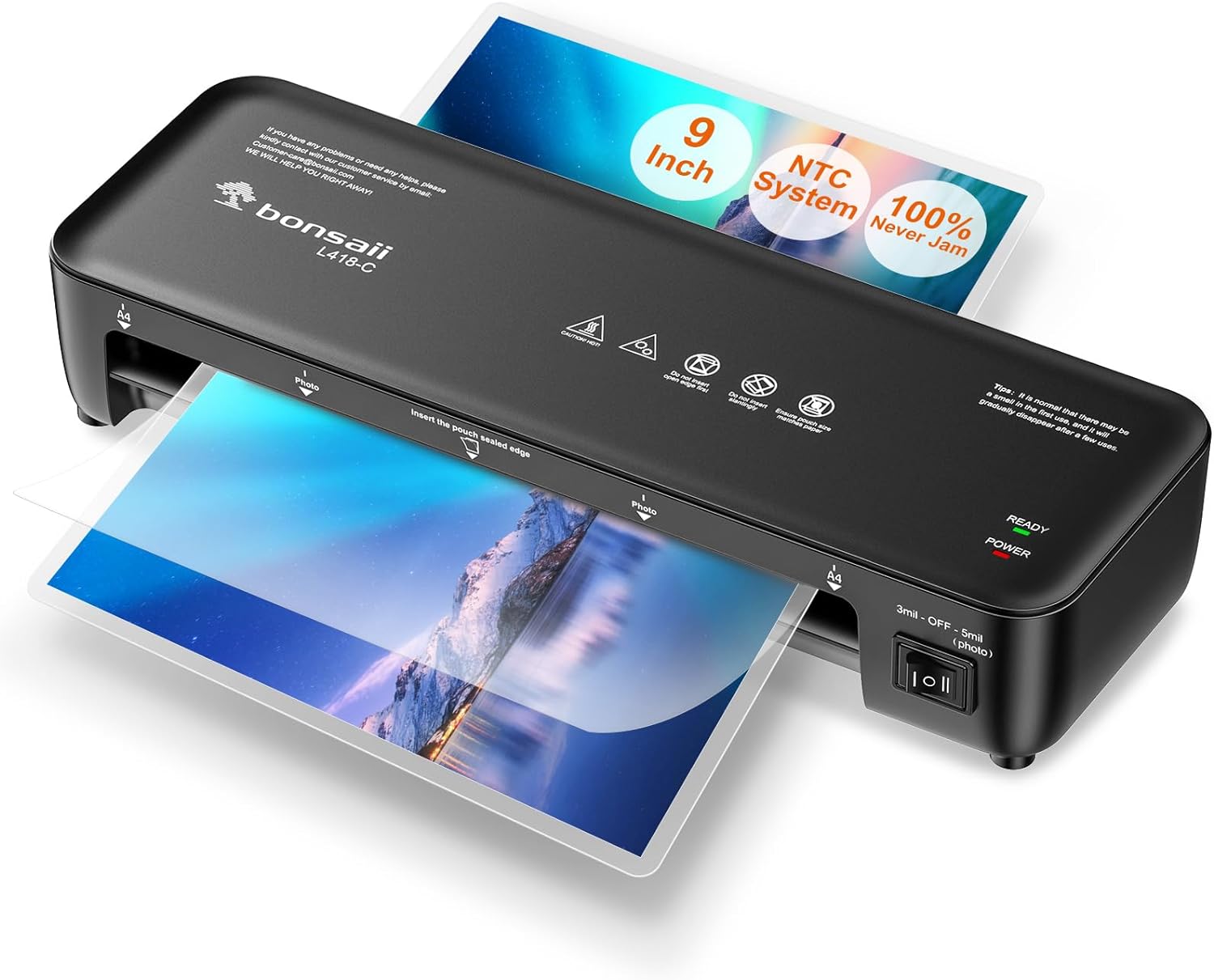 Bonsaii 9 Inch Thermal Laminator Machine with Never Jam Technology - Home & Office Laminating for Documents, Photos, Posters (Model L418-C, Black) | Perfect for School Projects, ID Cards, and Craft Preservation