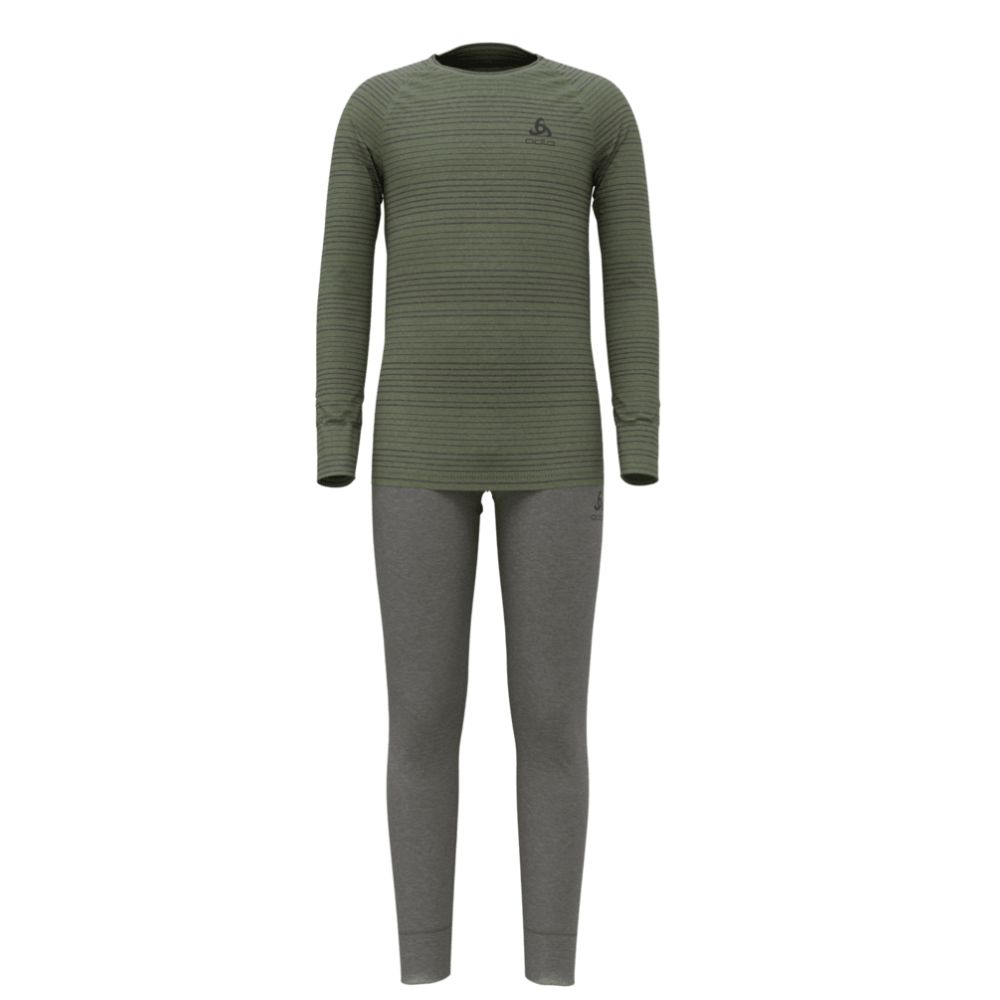 Odlo Base Layer Set Active Warm Kids - Thermal Underwear for Boys & Girls - Grey Melange/Matte Green - Winter Sports & Outdoor Activities