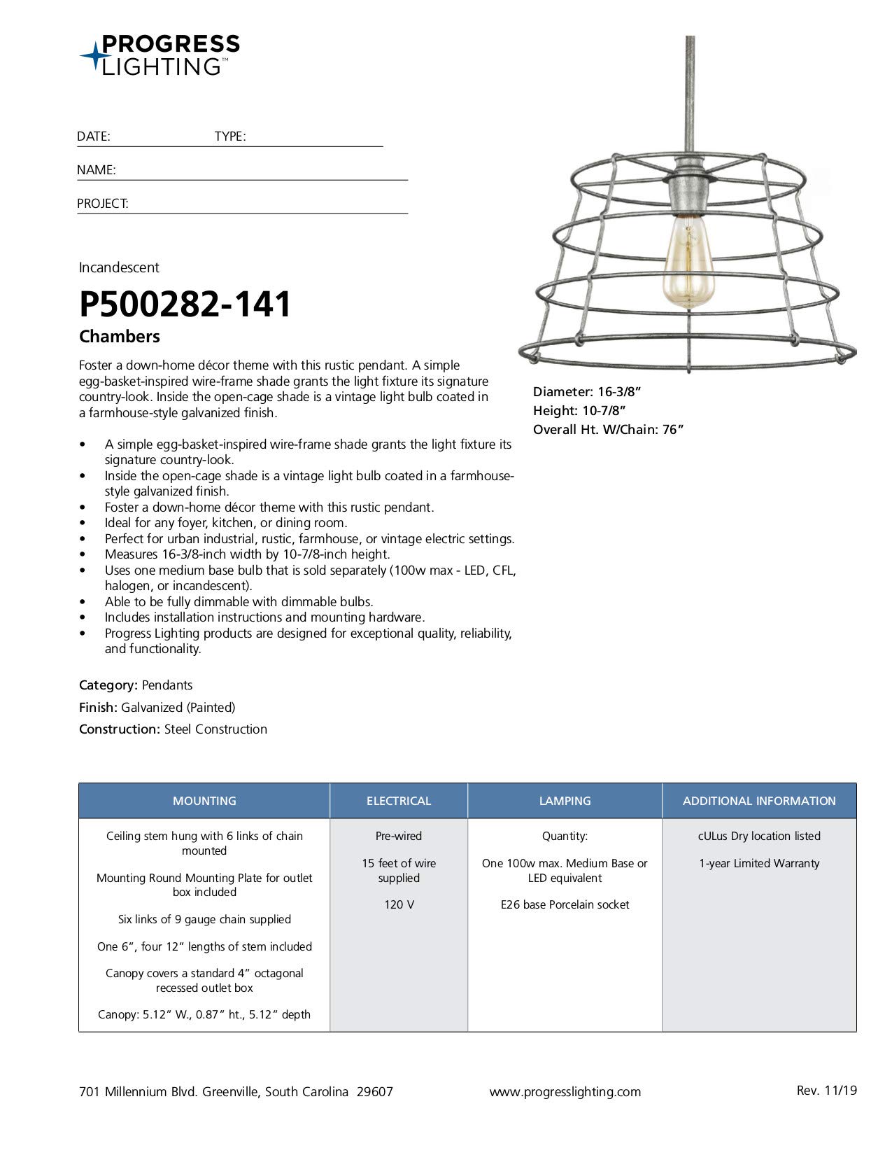 Progress Lighting Chambers Collection 1-Light Farmhouse Pendant Light - Galvanized Metal Finish - Rustic Kitchen Island Lighting - Perfect for Dining Room, Bar, or Entryway Decor
