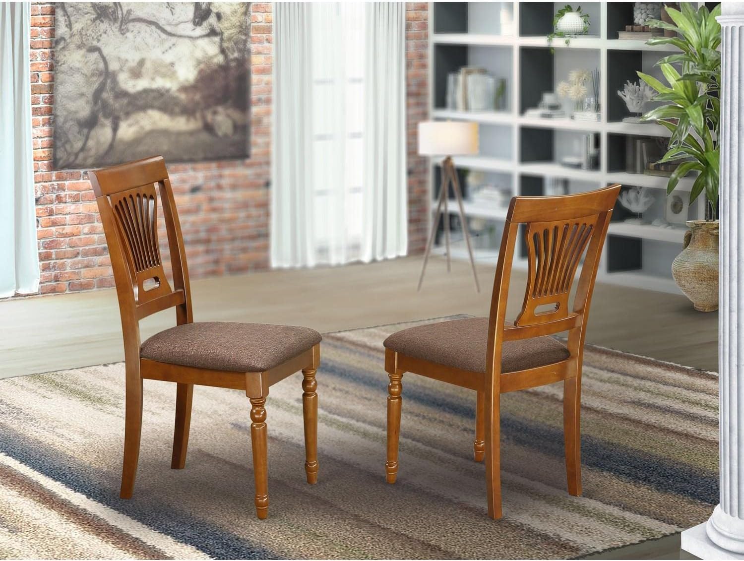 East West Furniture Plainville Dining Room Chairs - Set of 2 Solid Wood Upholstered Chairs with Linen Fabric in Saddle Brown | Perfect for Dining Room, Kitchen, and Home Decor
