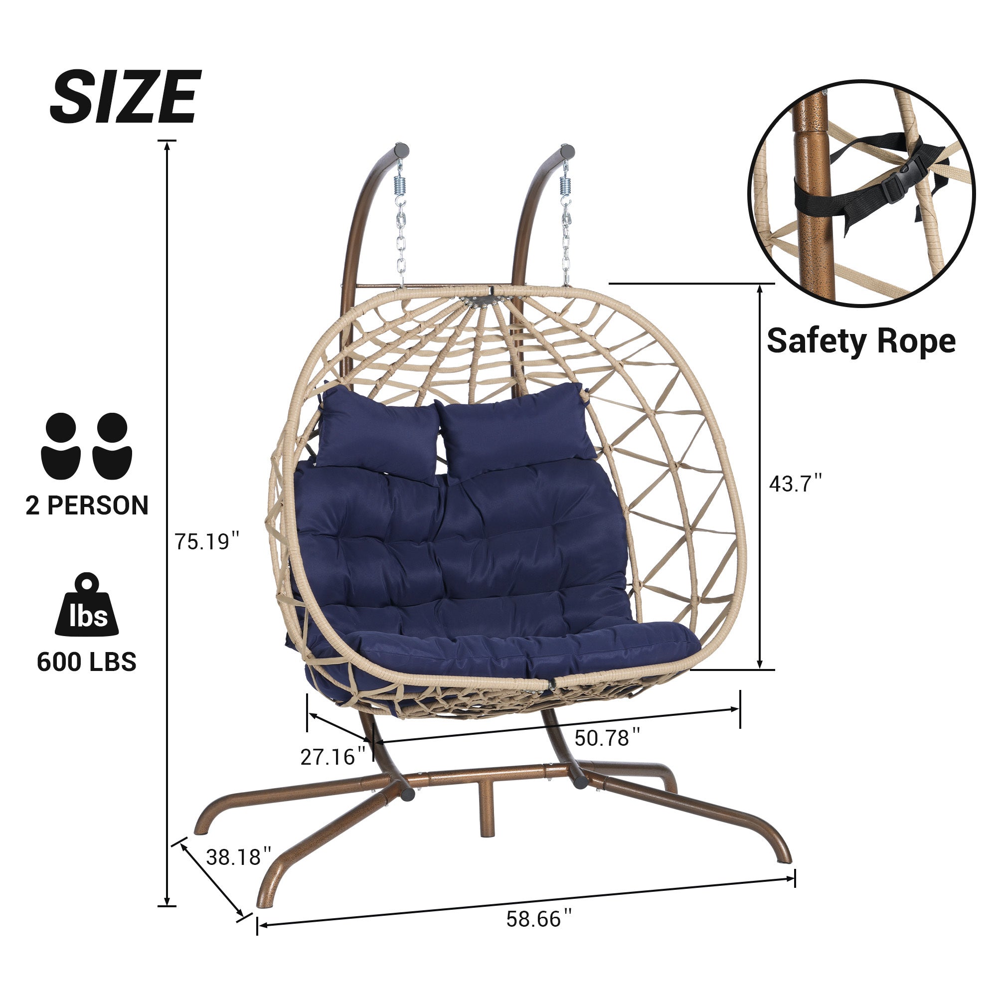 Double Egg Chair with Stand - Indoor/Outdoor Wicker Rattan Hanging Swing Chair with UV-Resistant Cushions (600 lbs Capacity) - Perfect for Bedroom, Balcony, Patio & Garden Relaxation
