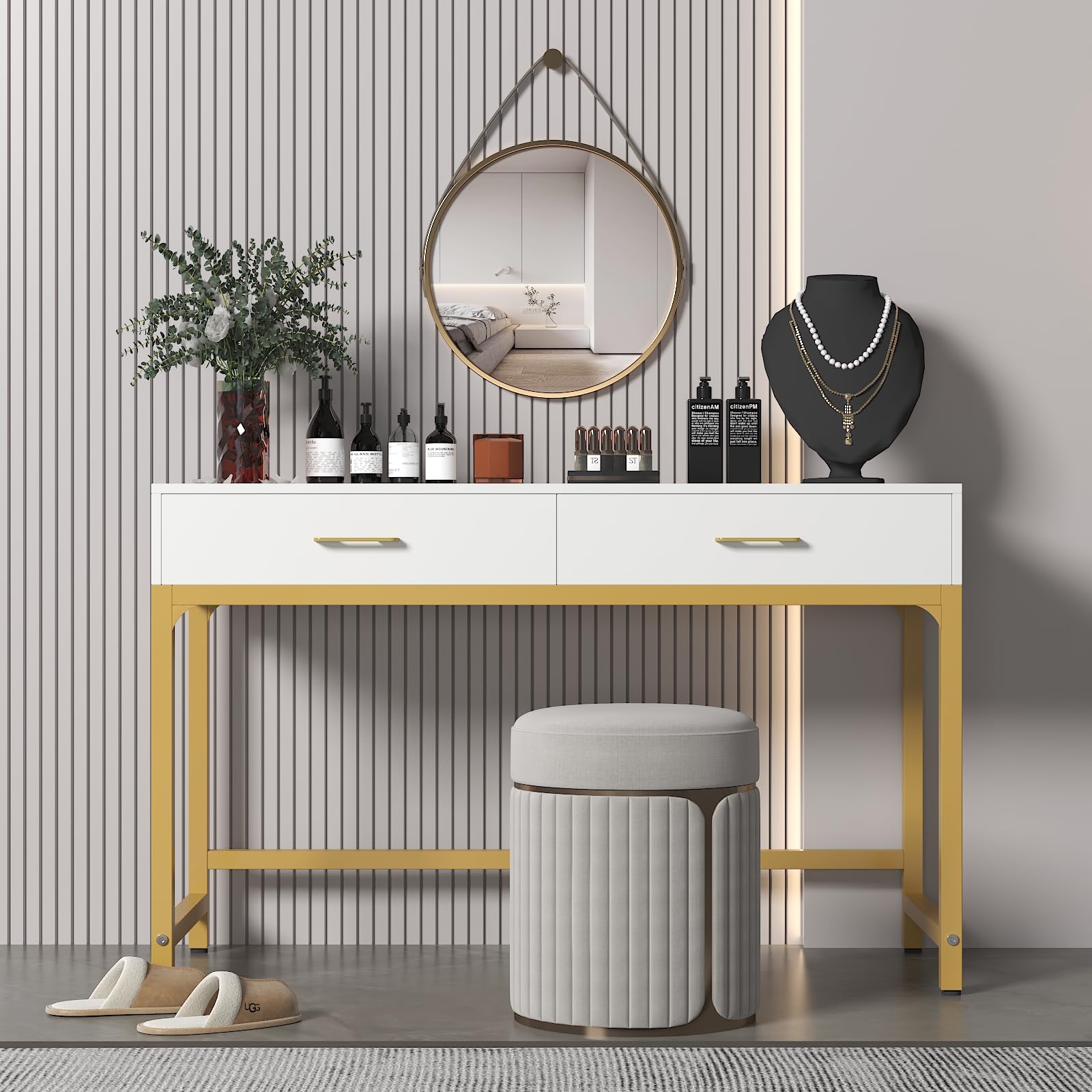 WESTREE White Wooden Makeup Vanity Desk with 2 Drawers & Storage Shelf - Bedroom Home Office Desk, Height Adjustable Monitor Stand - Perfect Gift for Women, Ideal for Makeup Organization & Home Office Setup
