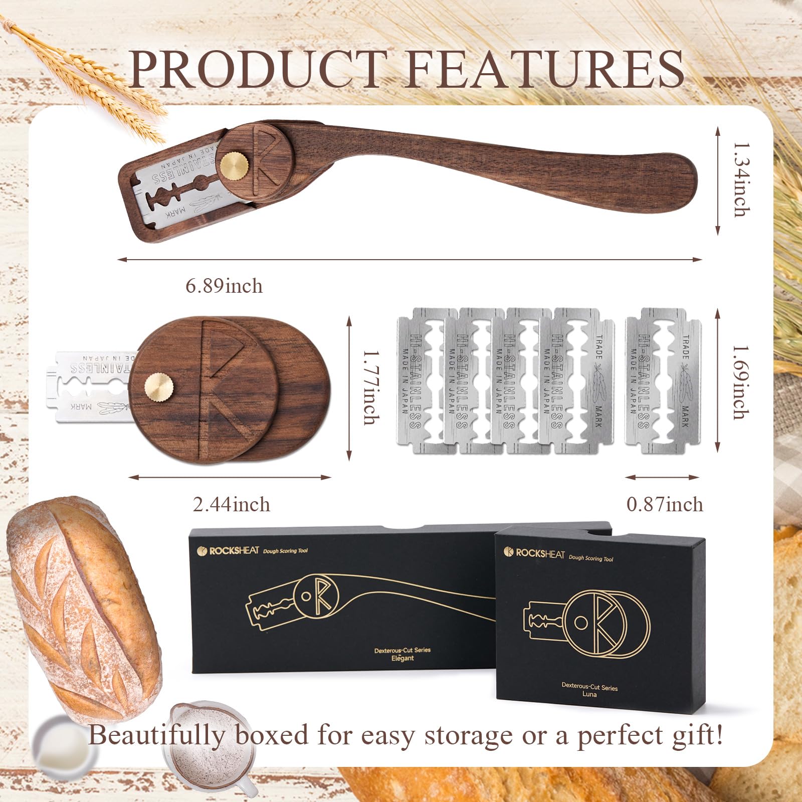 Premium Bread Lame Set with Blade Cover - 2 Stainless Steel Scoring Knives & 5 Feather Blades - Professional Dough Scoring Tool for Artisan Bread Baking, Sourdough & Baguettes - Perfect for Home Bakers & Professional Chefs (LUNA & ELEGANT Series) - Ideal for Creating Beautiful Patterns on Homemade Breads, Sourdough Loaves, and Artisan Bakery Products