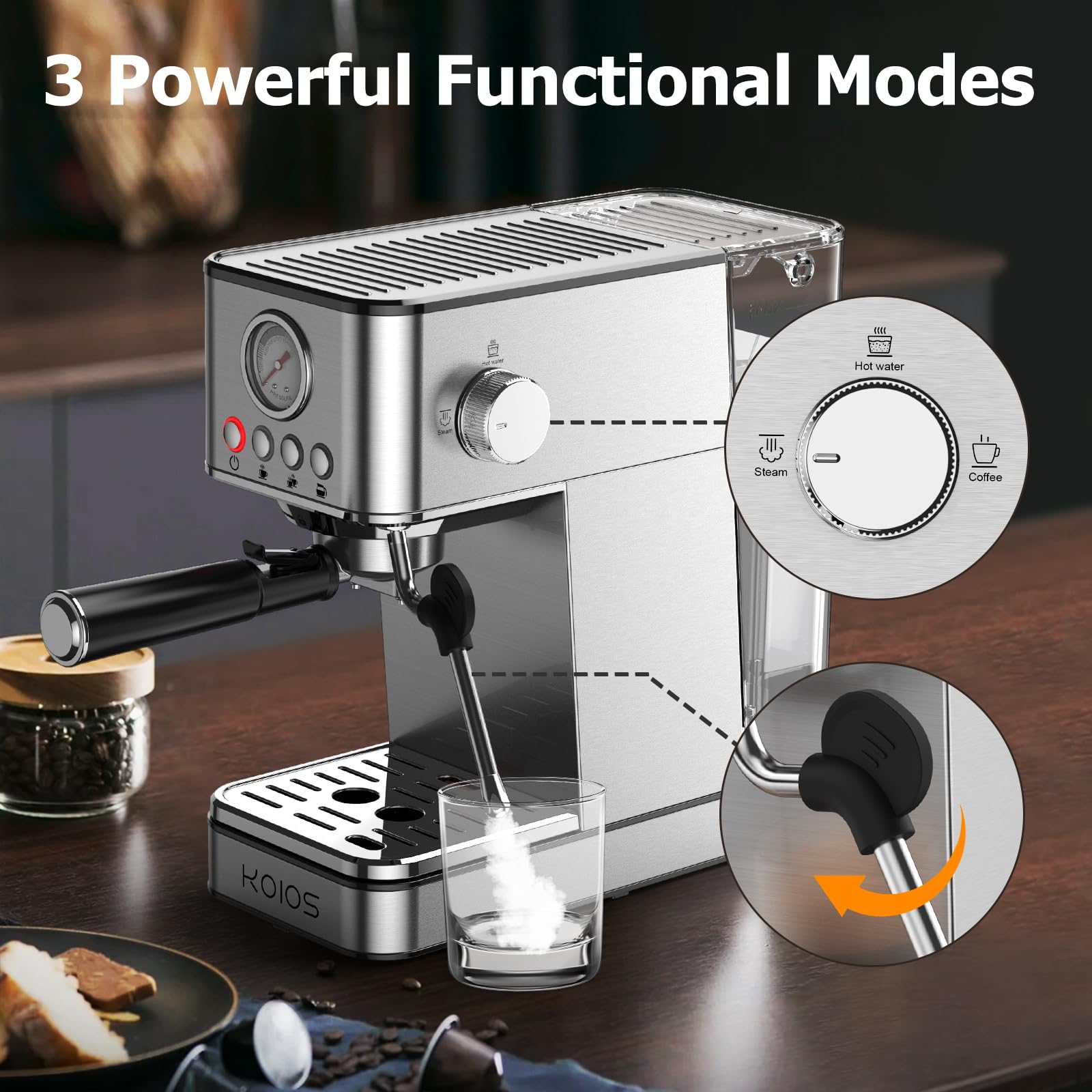 KOIOS 1200W Semi-Automatic Espresso Machine with Foaming Steam Wand - 20 Bar Pressure, 58oz Removable Water Tank - Perfect for Home Baristas to Make Espresso, Cappuccino & Latte - Ideal for Morning Coffee, Afternoon Pick-Me-Up & Entertaining Guests