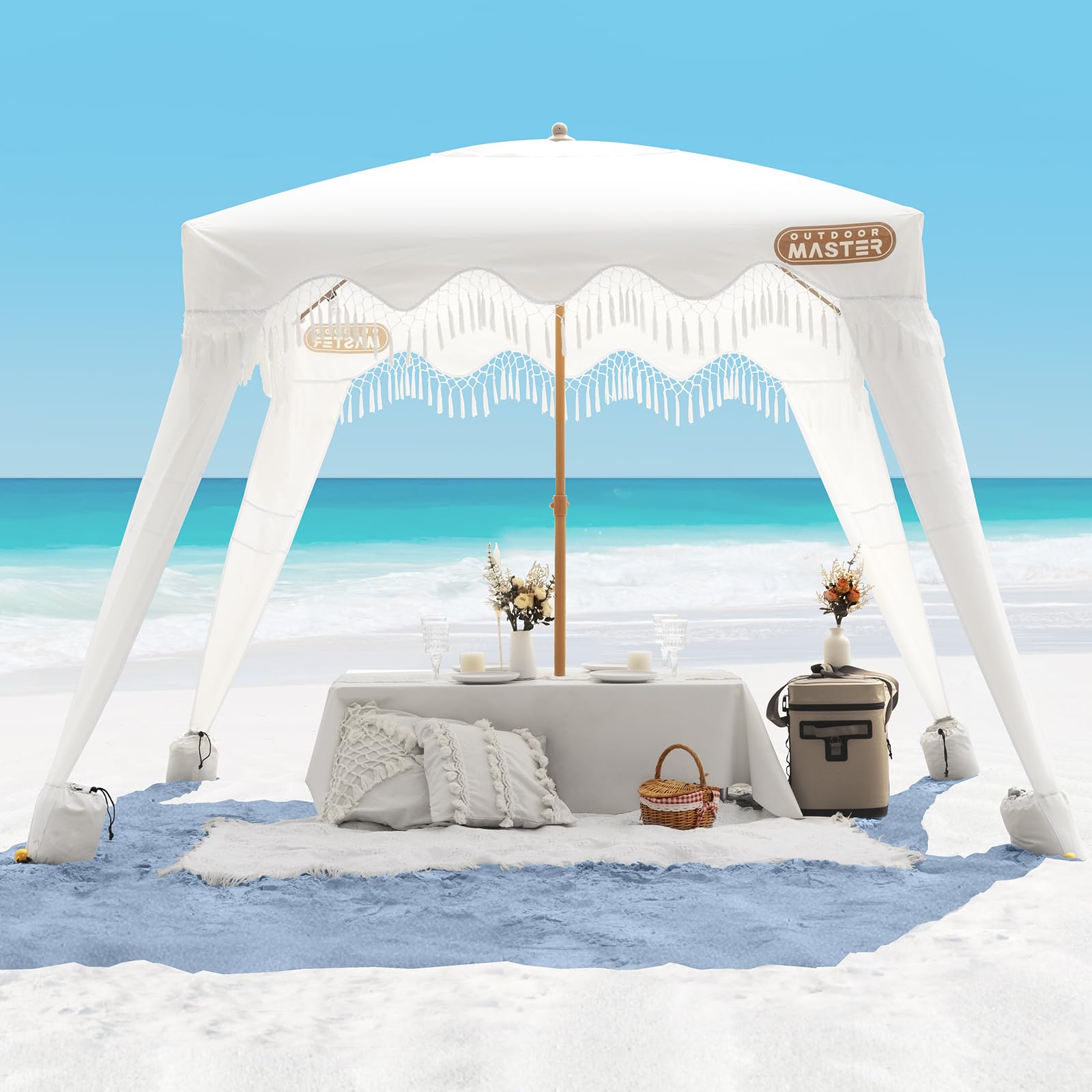 OutdoorMaster 6' x 6' Portable Beach Cabana with Fringe & Side Wall - UPF 50+ UV Protection Sun Canopy for Family, Kids & Friends - Easy Setup Beach Shelter in Romantic White - Perfect for Beach Days, Pool Parties & Outdoor Picnics