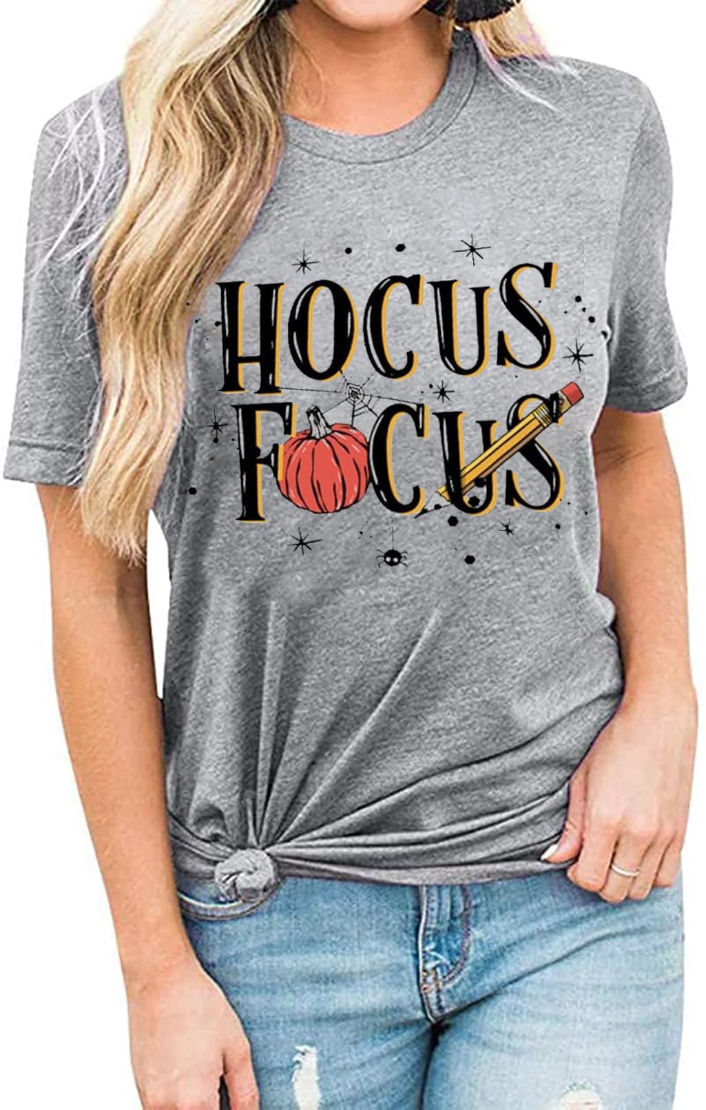 Halloween Teacher Shirts for Women - Hocus Pocus Bleached T-Shirt with Cute Pumpkin Graphic | Fall Short Sleeve Top for Classroom, Halloween Party & Autumn Outfits