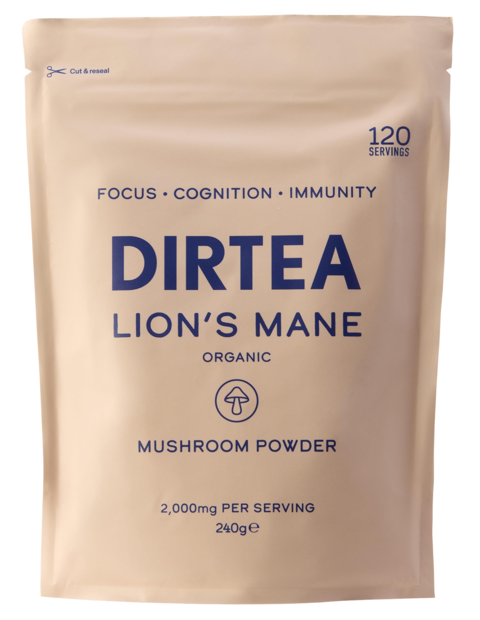 DIRTEA Organic Lion's Mane Mushroom Powder Supplement | 2,000mg per Serving | Vegan, Non-GMO | Supports Focus, Memory & Immune System | High Strength with Zinc | 240g (120 Servings) | Brain Booster for Work, Study & Mental Clarity