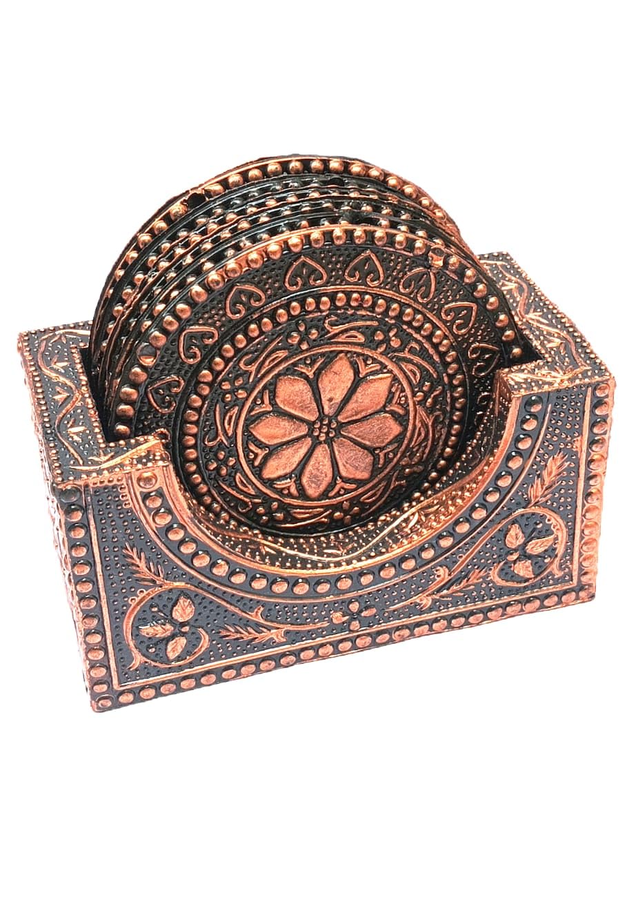 PP Plastic Mandala Design Coasters Set of 6 - Durable & Heat-Resistant for Tea Cups, Coffee Mugs & Glasses - Elegant Home Decor with Copper Finish - Perfect for Dining Tables, Coffee Shops & Office Desks