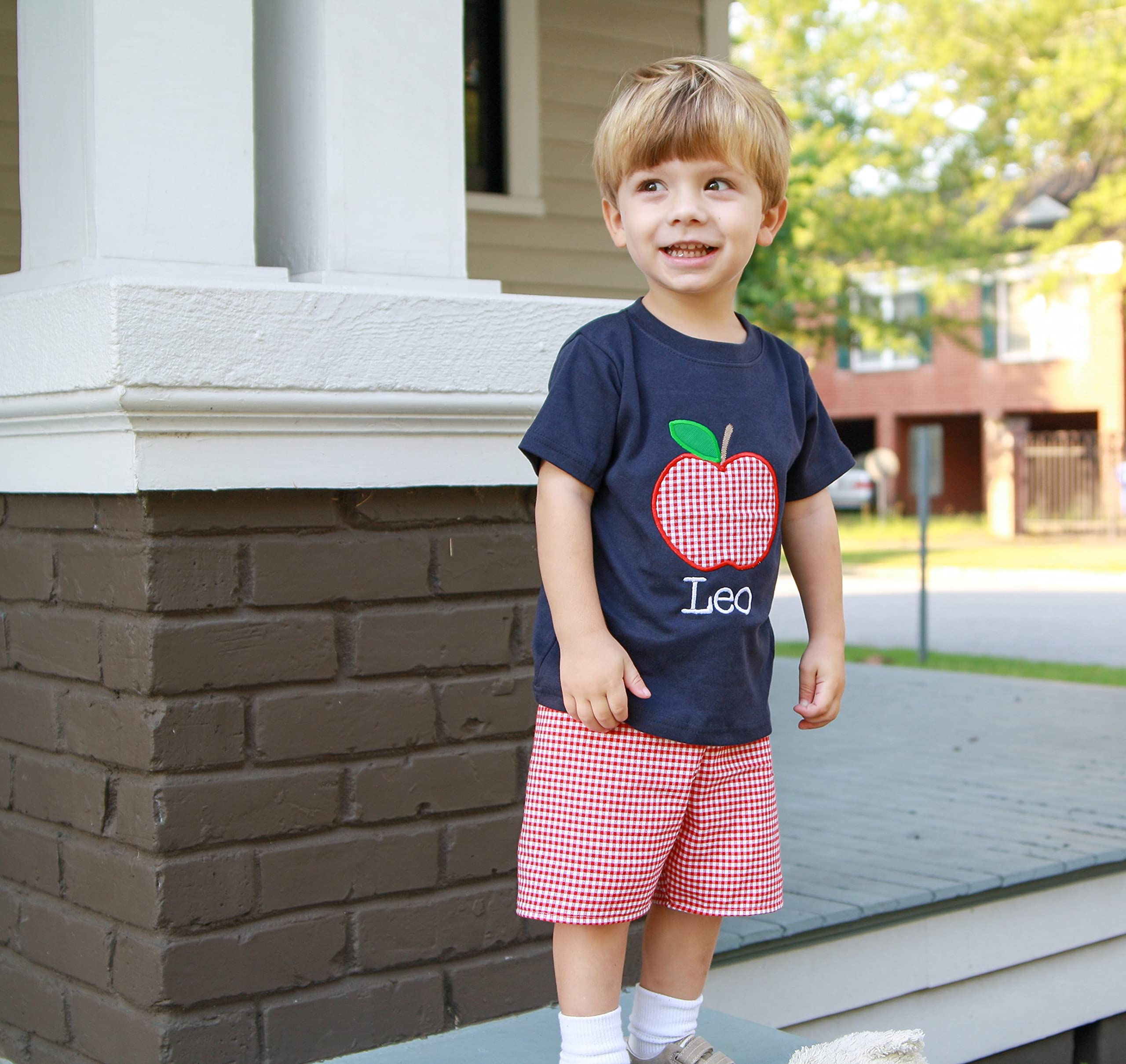 Personalized Apple Applique Boys' Back to School Outfit - 24M Shirt & Shorts Set | Cute First Day of School & Photo Shoot Outfit for Toddlers
