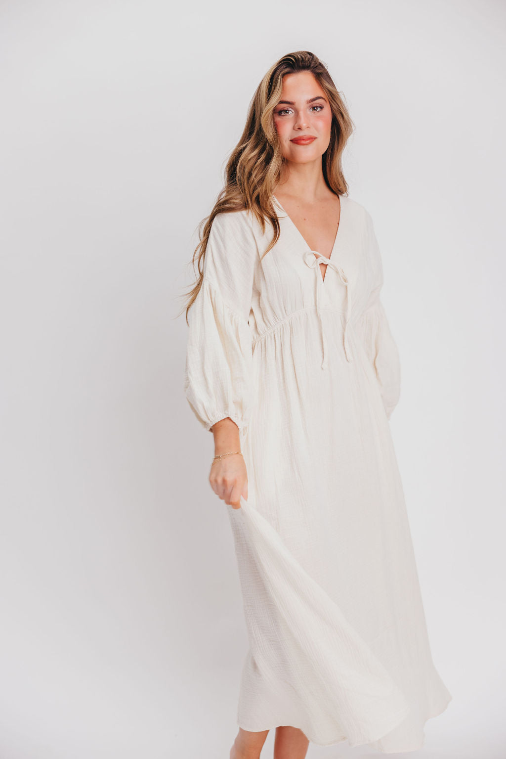 Hunter 100% Cotton Gauze Midi Dress in Soy - Bump Friendly Maternity Dress for Pregnancy, Nursing & Postpartum - Perfect for Summer, Beach & Casual Wear