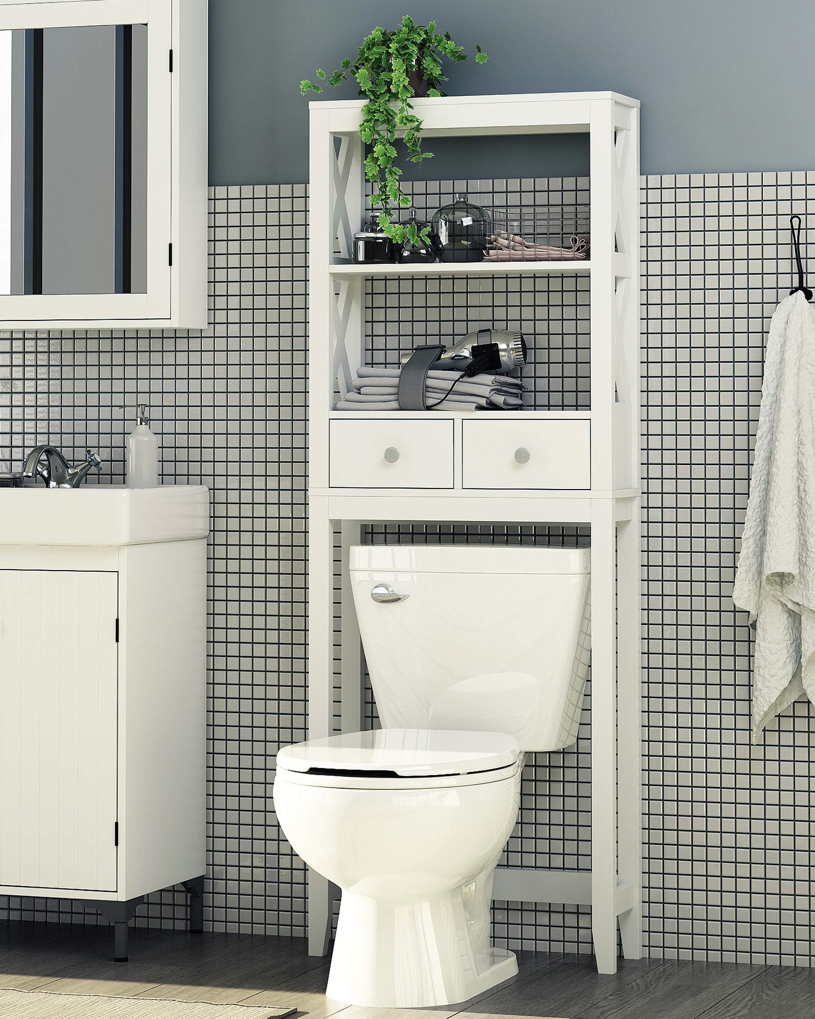 White X-Frame Over The Toilet Storage Shelf with Drawers - Bathroom Space Saver Organizer for Toiletries, Towels & Cleaning Supplies - Perfect for Small Bathrooms, Apartments & Powder Rooms