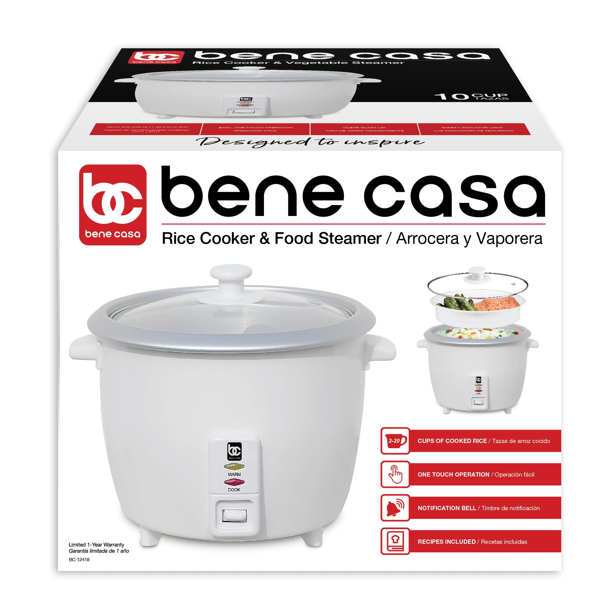 Bene Casa 10-Cup Rice Cooker with Glass Lid - Dishwasher Safe, Auto Shut-Off & Keep Warm Function - Perfect for Family Dinners, Meal Prep & Healthy Cooking