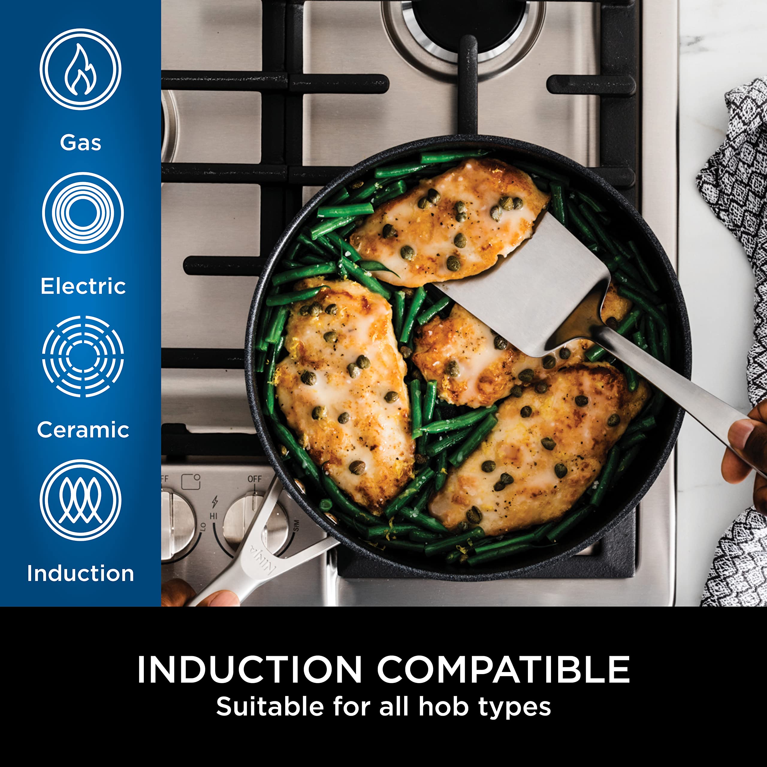 Ninja ZEROSTICK 2-Piece Stainless Steel Frying Pan Set (24cm & 28cm) - Induction Compatible, Dishwasher Safe, Long-Lasting Nonstick Cookware for Home Kitchen - Perfect for Searing, Sauteing & Frying Eggs, Meat & Vegetables