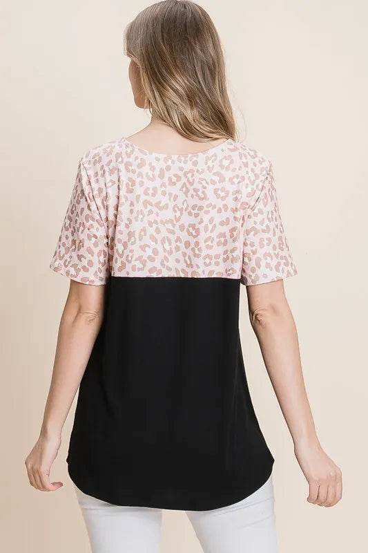 BOMBOM Chic Leopard Print Contrast Cutout Women's Tops - Sexy Party Blouse for Night Out, Clubwear & Date Night Outfits