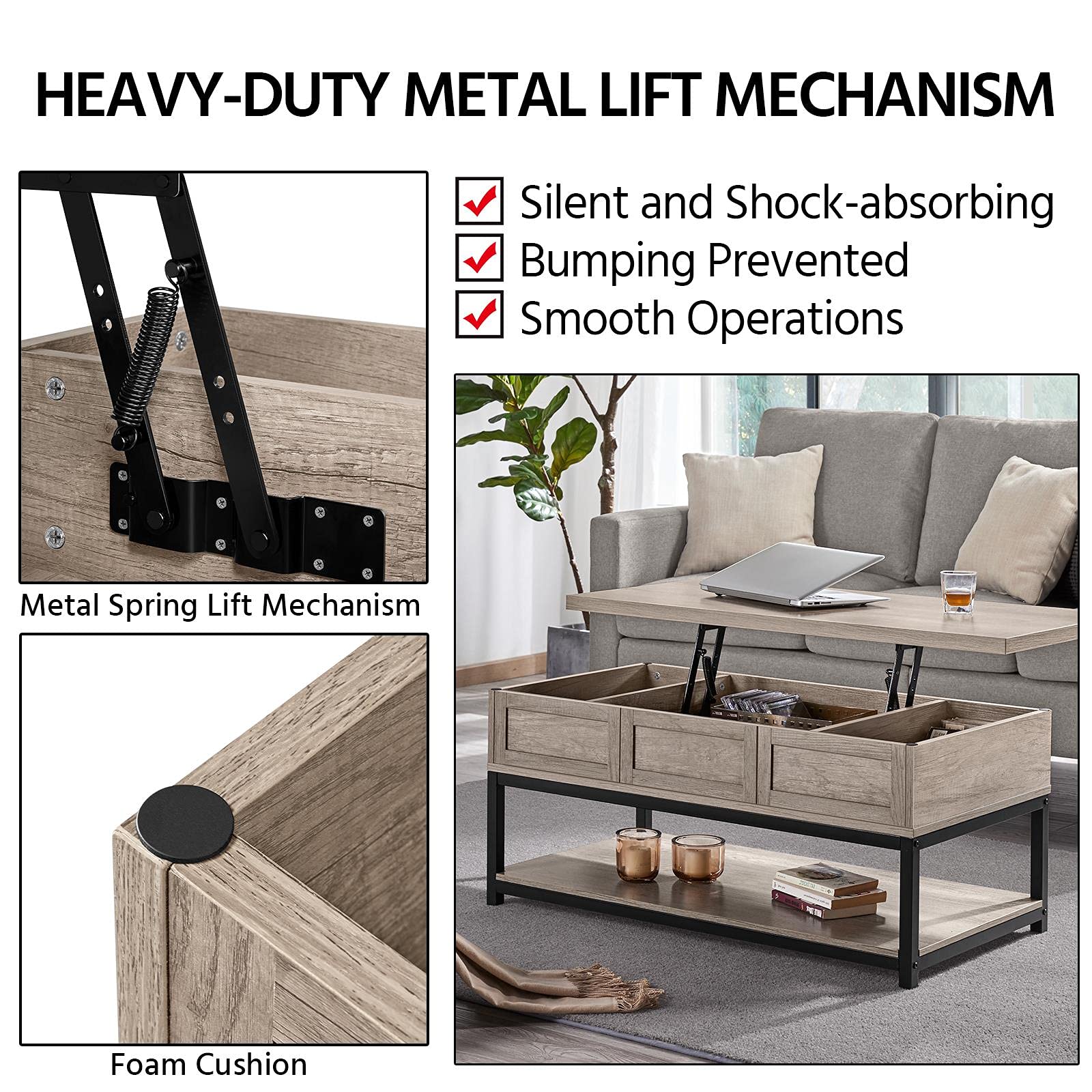 Yaheetech Lift Top Coffee Table with Hidden Storage & Open Shelf, Adjustable Height 18-23 Inches - Modern Gray Cocktail Table with Metal Frame for Living Room, Reception Area | Perfect for Entertaining, Remote Work & Small Space Living