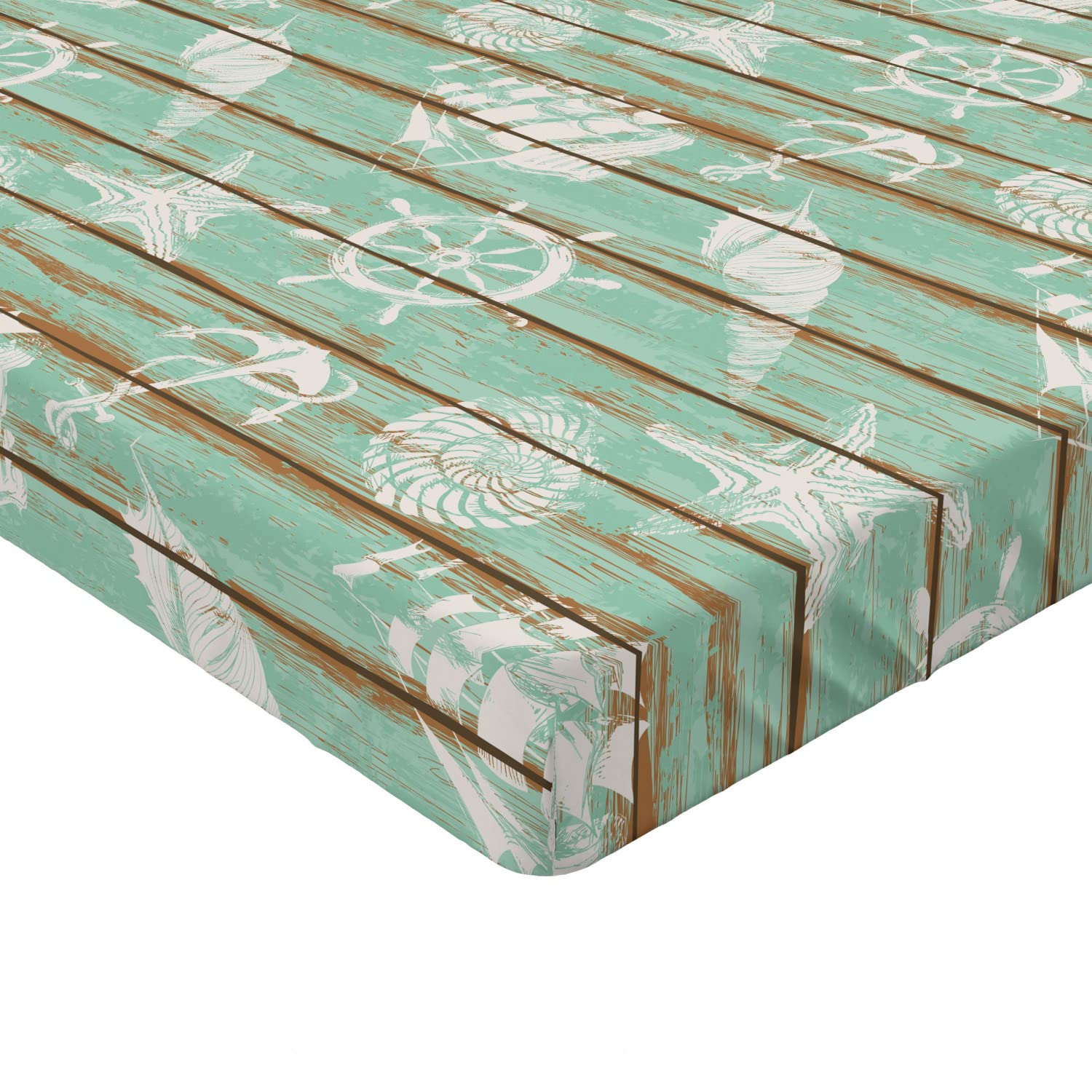 Ambesonne Nautical Fitted Sheet - Full Size Mint Green Ship Wheel Design with Anchor, Seashell & Sailboat Patterns | Deep Pocket Elastic Bed Cover for Comfort | Perfect for Coastal, Beach House or Maritime Themed Bedrooms
