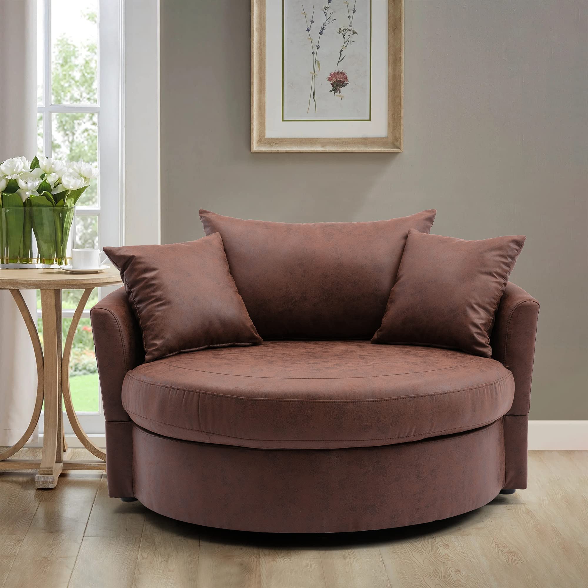 Modern Swivel Accent Barrel Chair - Upholstered Lounge Chair with 3 Pillows for Living Room, Hotel & Office - Brown Round Leisure Sofa - Perfect for Relaxing, Reading & Home Decor