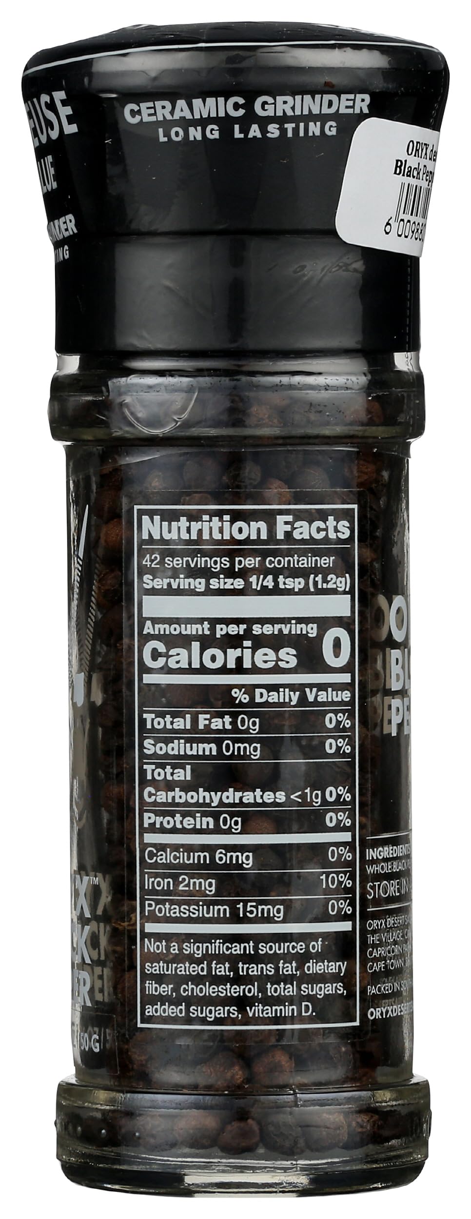 Premium Oryx Black Pepper Grinder - 1.26 oz Refillable Glass Bottle with Adjustable Coarseness - Perfect for Cooking, Grilling & Seasoning Steaks, Salads & Pasta Dishes