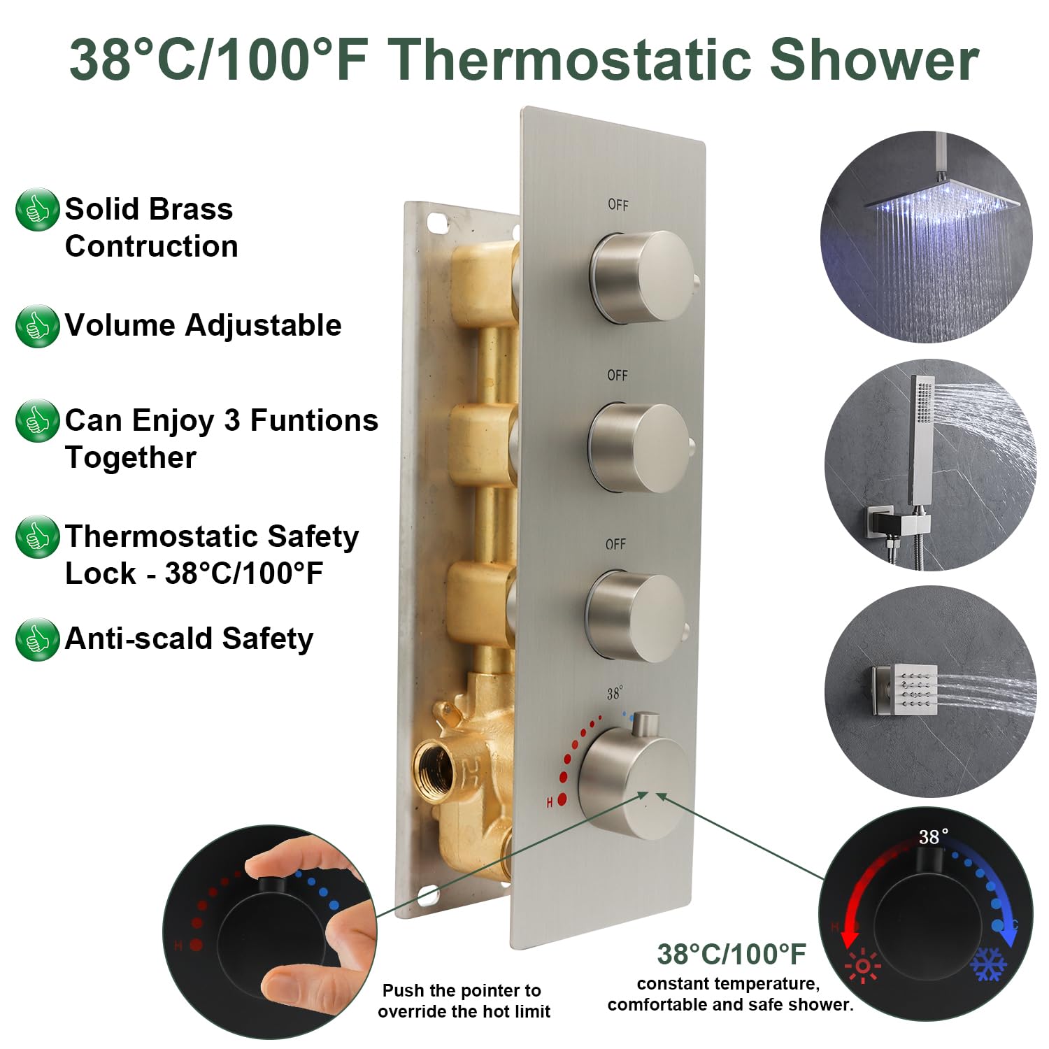 HOMEDEC 3-Way Shower Diverter Valve - Brushed Nickel Thermostatic Brass Shower Valve with 3 Outlets for Simultaneous Water Flow | Perfect for Bathroom Renovation & Multi-Function Shower Systems