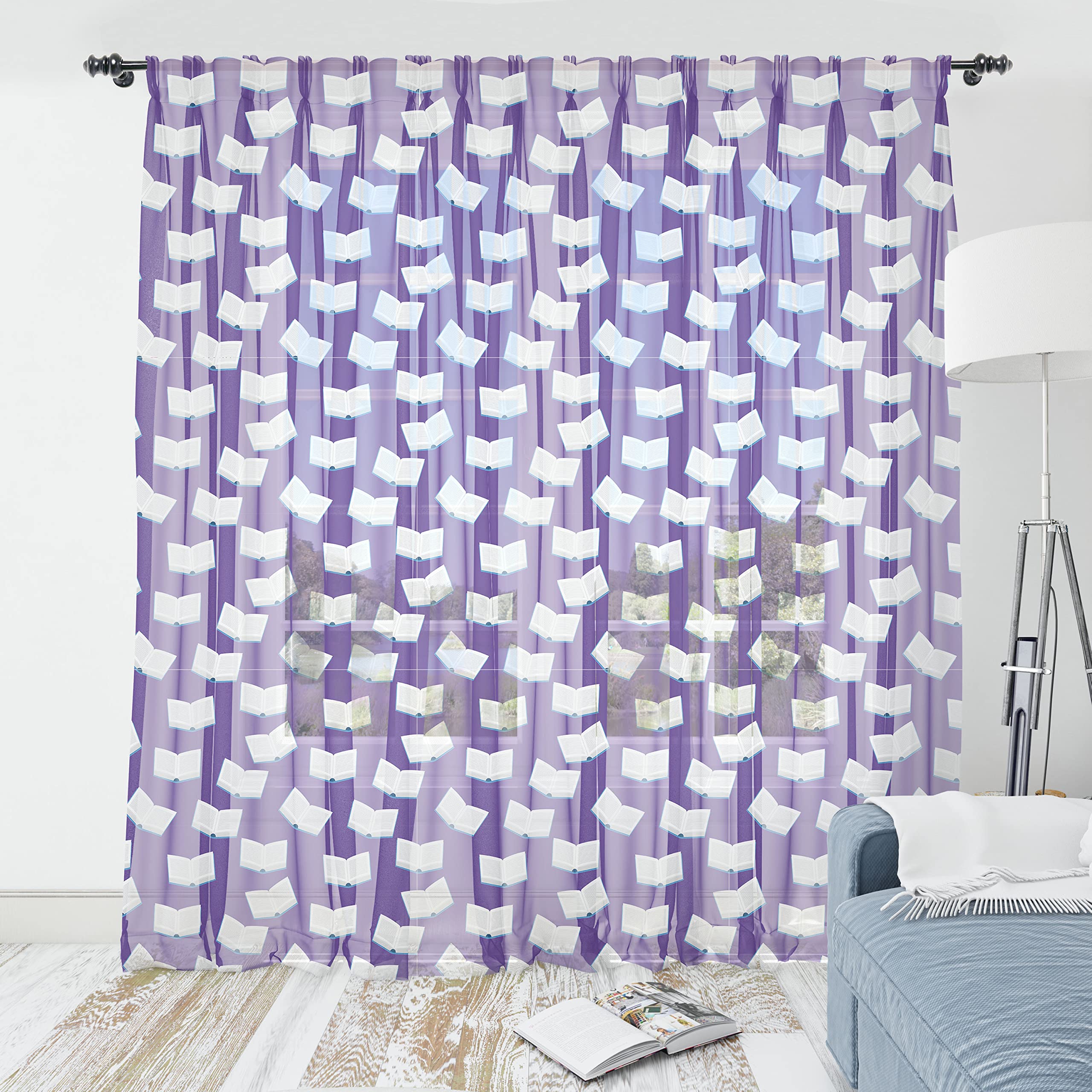 Ambesonne Sheer Tulle Curtains with Rod Pocket - Open Books Design for Library Decor, Wedding Party Drapes, 108