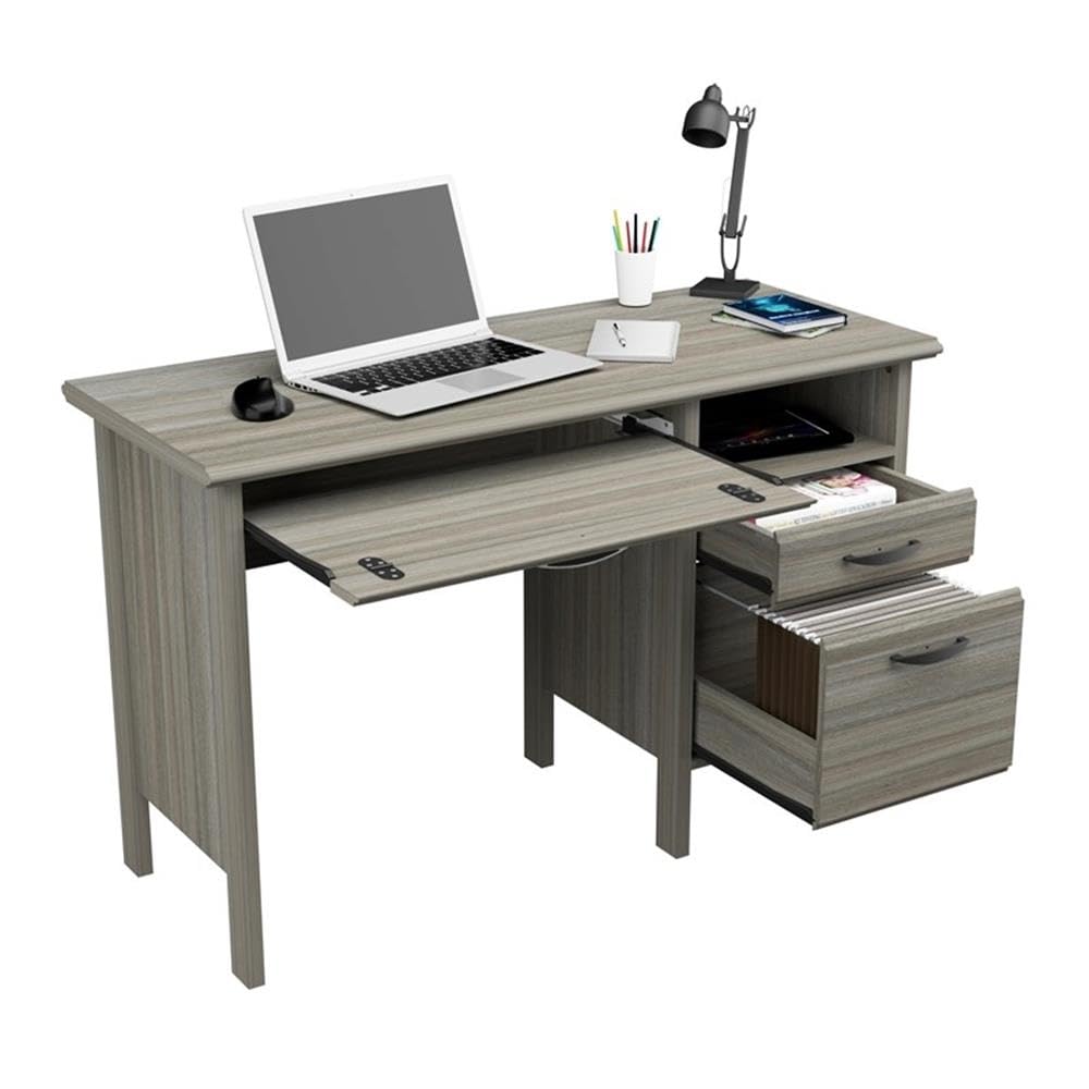2-Drawer Computer Desk with Keyboard Tray - Gray Smoke Oak Finish, Home Office Workstation for Small Spaces, Gaming & Study Desk