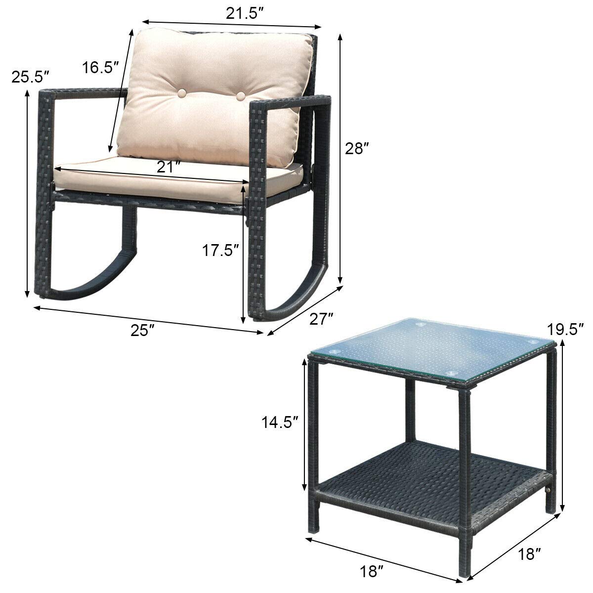 Tangkula 3-Piece Patio Wicker Rocking Chair Set with Cushions & Glass Coffee Table - Outdoor Furniture for Garden, Poolside, Balcony or Porch (Beige) | Perfect for Relaxing, Entertaining and Enjoying Nature
