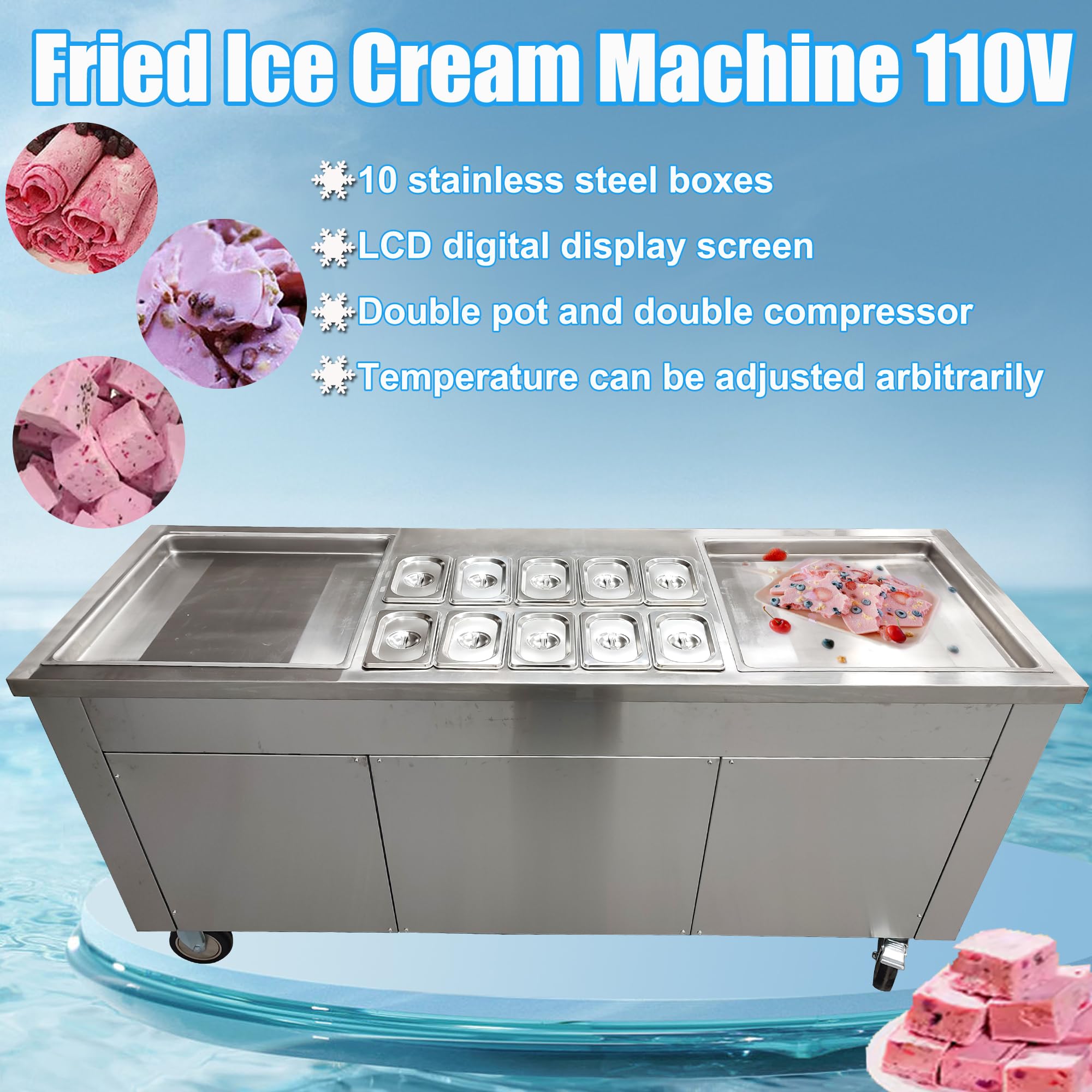 Commercial Electric Stainless Steel Rolled Ice Cream Maker Machine - Double Pot & Compressor for Fried Ice Cream & Yogurt - 10 Buckets with Lids (110V) - Perfect for Restaurants, Cafes & Dessert Shops