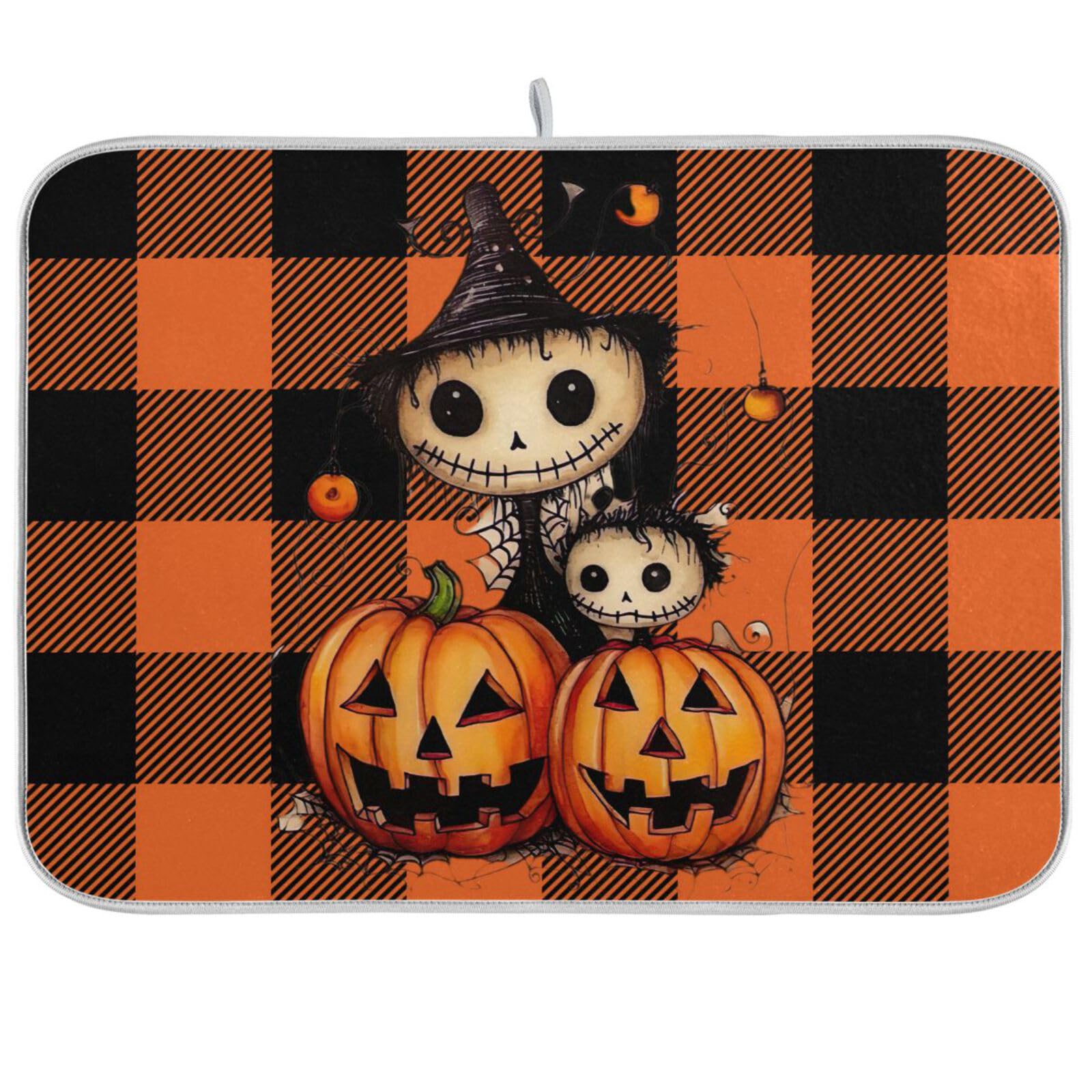 **Orange Plaid Halloween Pumpkin Dish Drying Mat – Absorbent Microfiber Kitchen Counter Protector (16