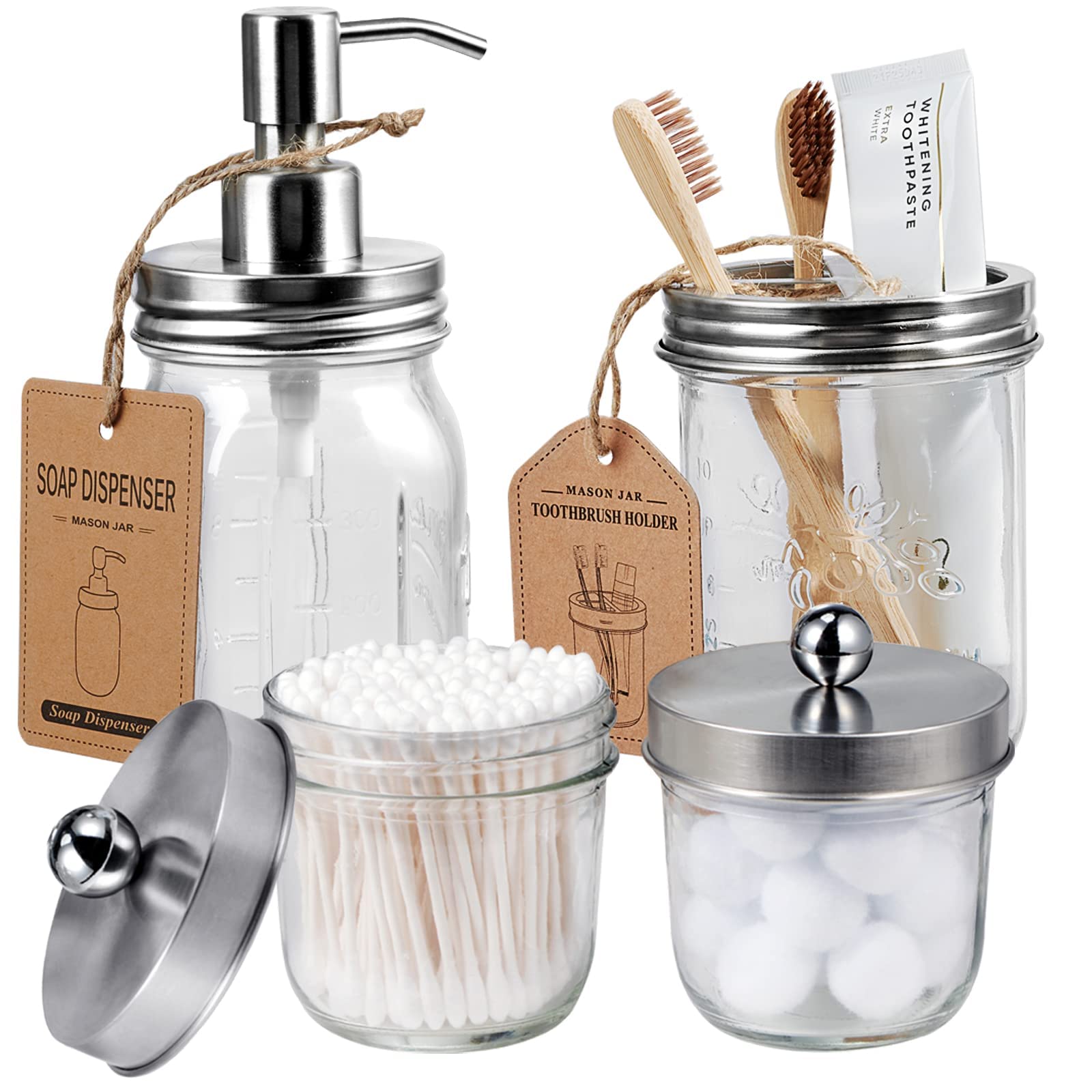 Amolliar 4-Piece Mason Jar Bathroom Accessories Set - Rustic Farmhouse Soap Dispenser, Q-Tip Holder, Toothbrush Organizer - Brushed Nickel Vanity Decor for Countertop Organization | Perfect for Farmhouse, Apothecary & Modern Bathroom Styles