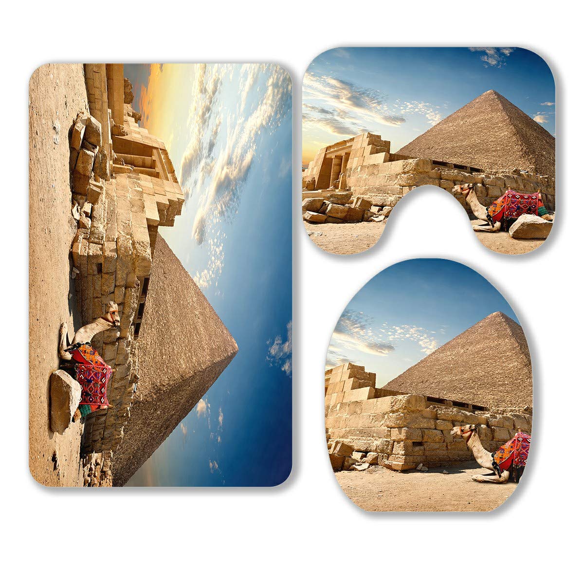 ABPHQTO 3-Piece Bathroom Rug Set - Camel Rests Near Ruins Entrance Design, Non-Slip Contour Mat & Toilet Lid Cover | Soft Absorbent Microfiber for Bathroom Decor, Perfect for Home, Apartment, and Guest Bathrooms