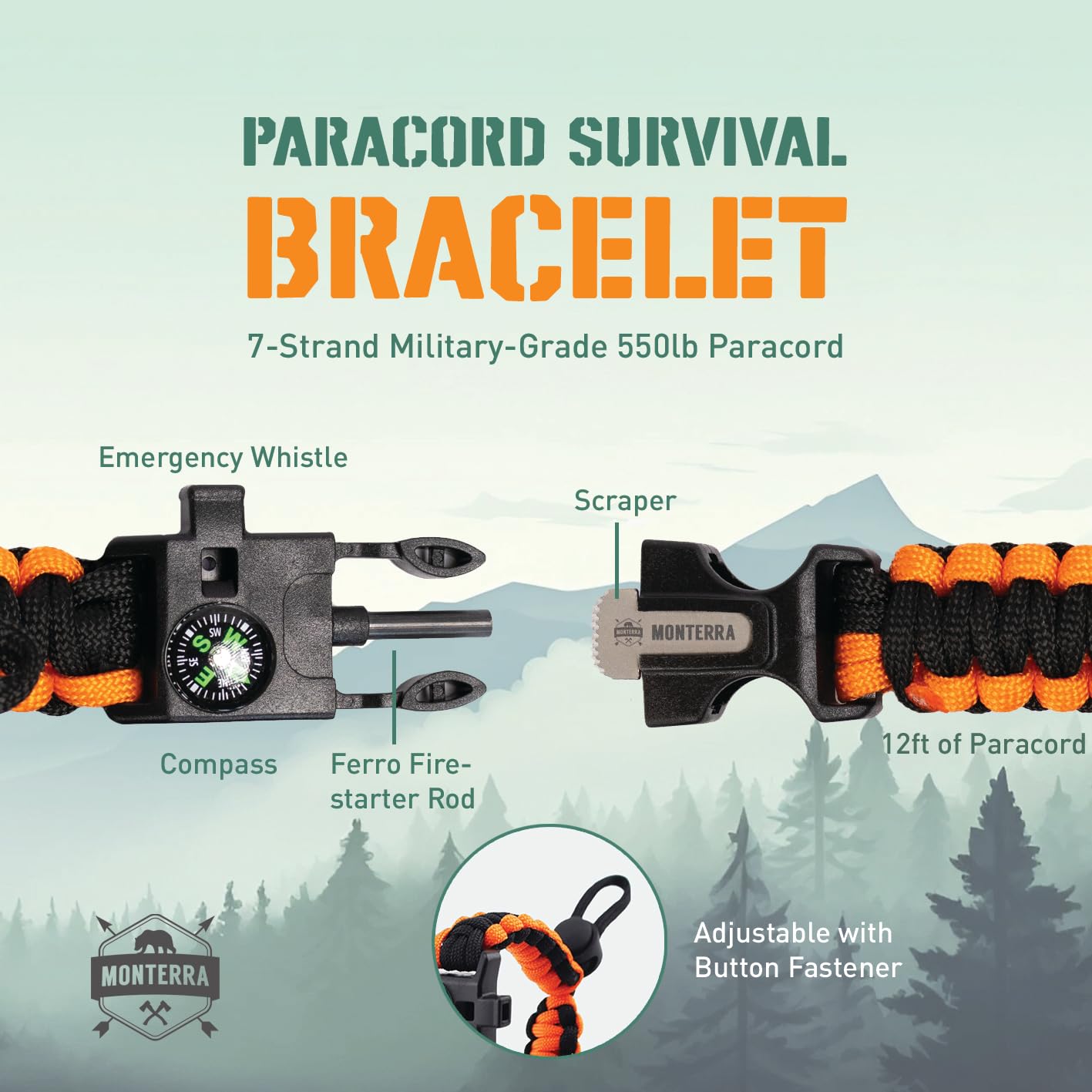3 Pack Paracord Survival Bracelet with Firestarter, Compass & Whistle - Adjustable Emergency Gear for Camping, Hiking, Trekking, Fishing & Hunting - Perfect for Outdoor Adventures and Survival Situations