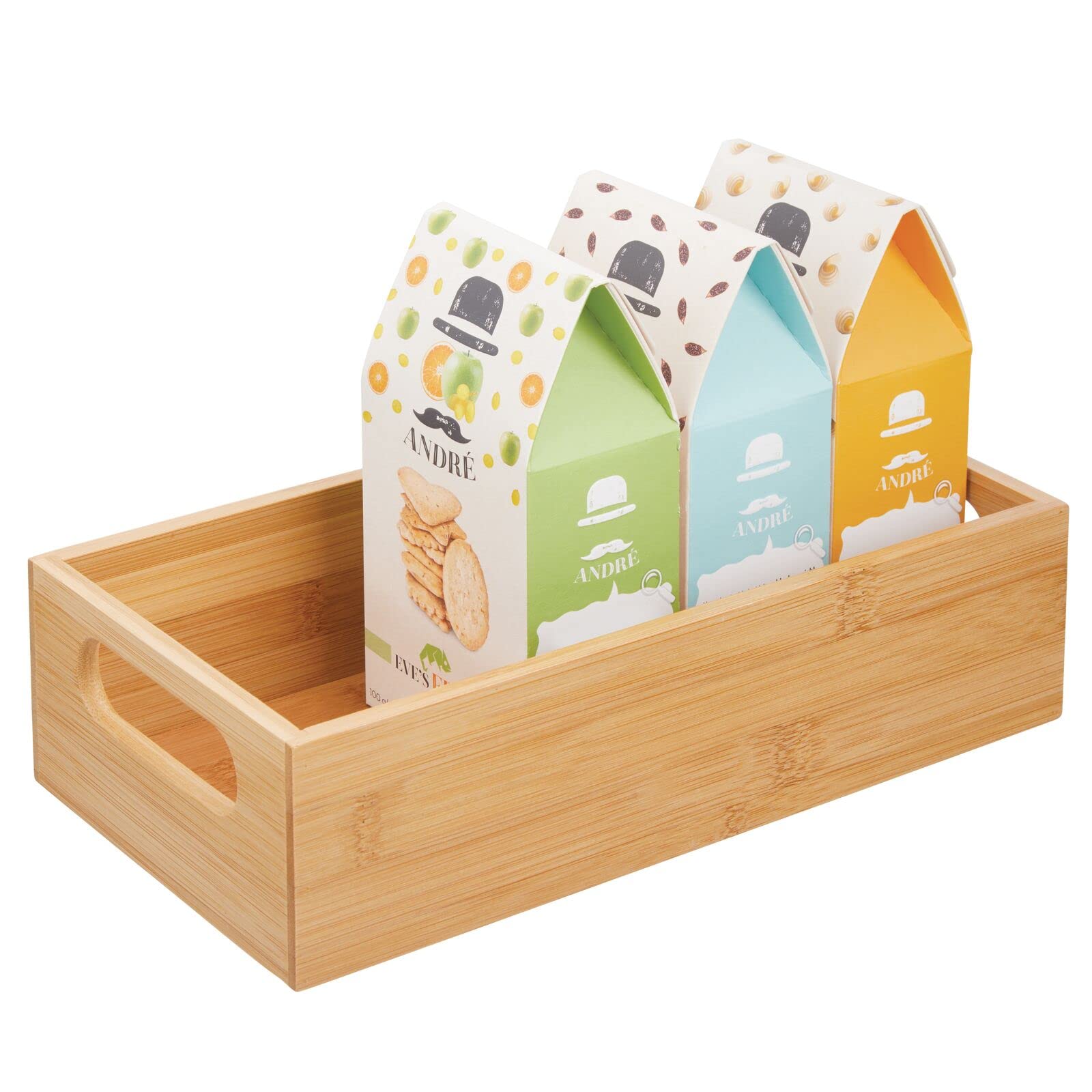 mDesign Bamboo Kitchen Storage Container Bin - Drawer Organizer Crate Box with Handles for Pantry, Cabinet, Shelves or Countertop - Perfect for Organizing Snacks, Spices, Drinks & Kitchen Essentials - Echo Collection in Natural/Tan - Ideal for Home, Office & Restaurant Use