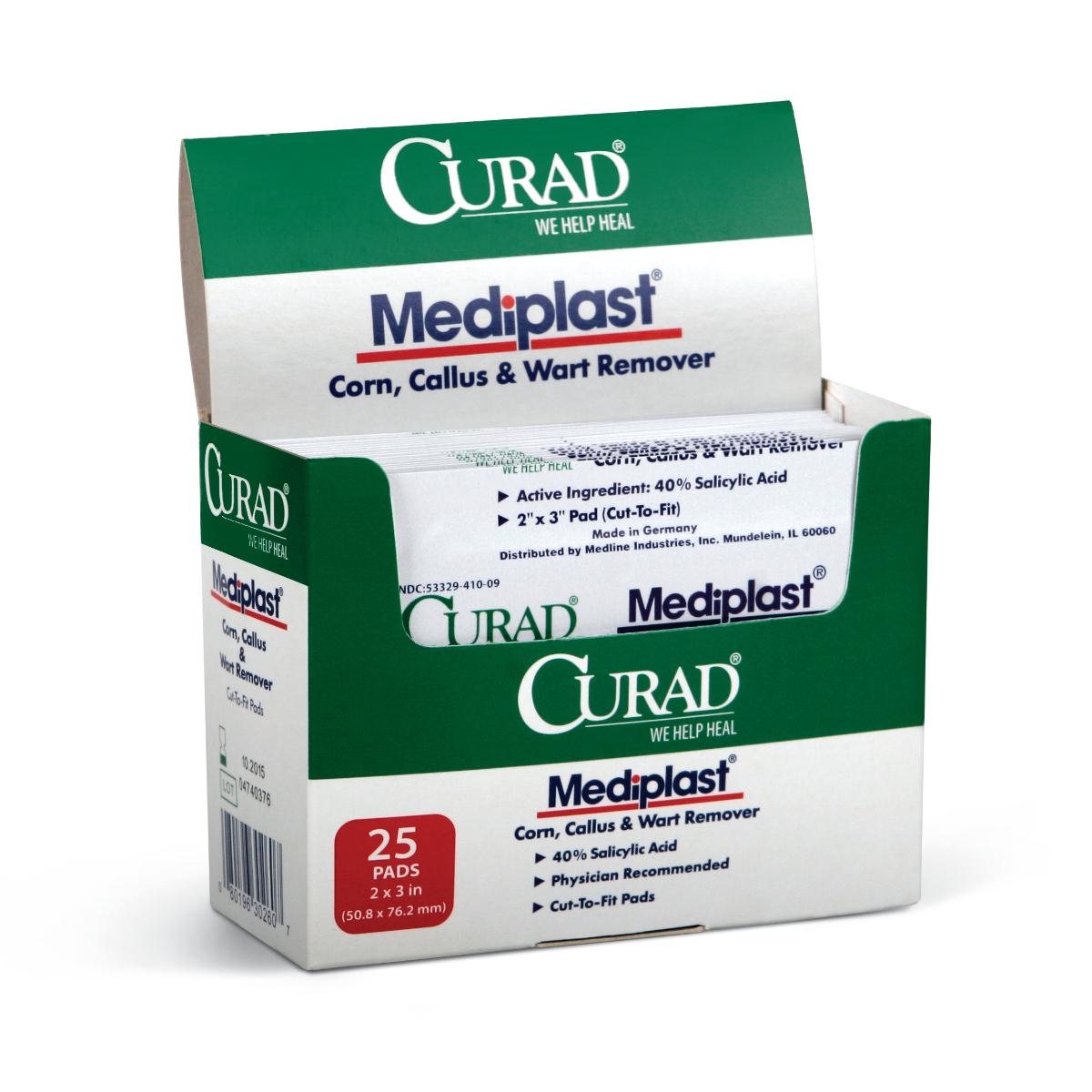Curad MediPlast Corn, Callus & Wart Remover Pads - 25 Count Box | Fast Pain Relief for Feet & Hands | Perfect for Home Pedicures & Foot Care